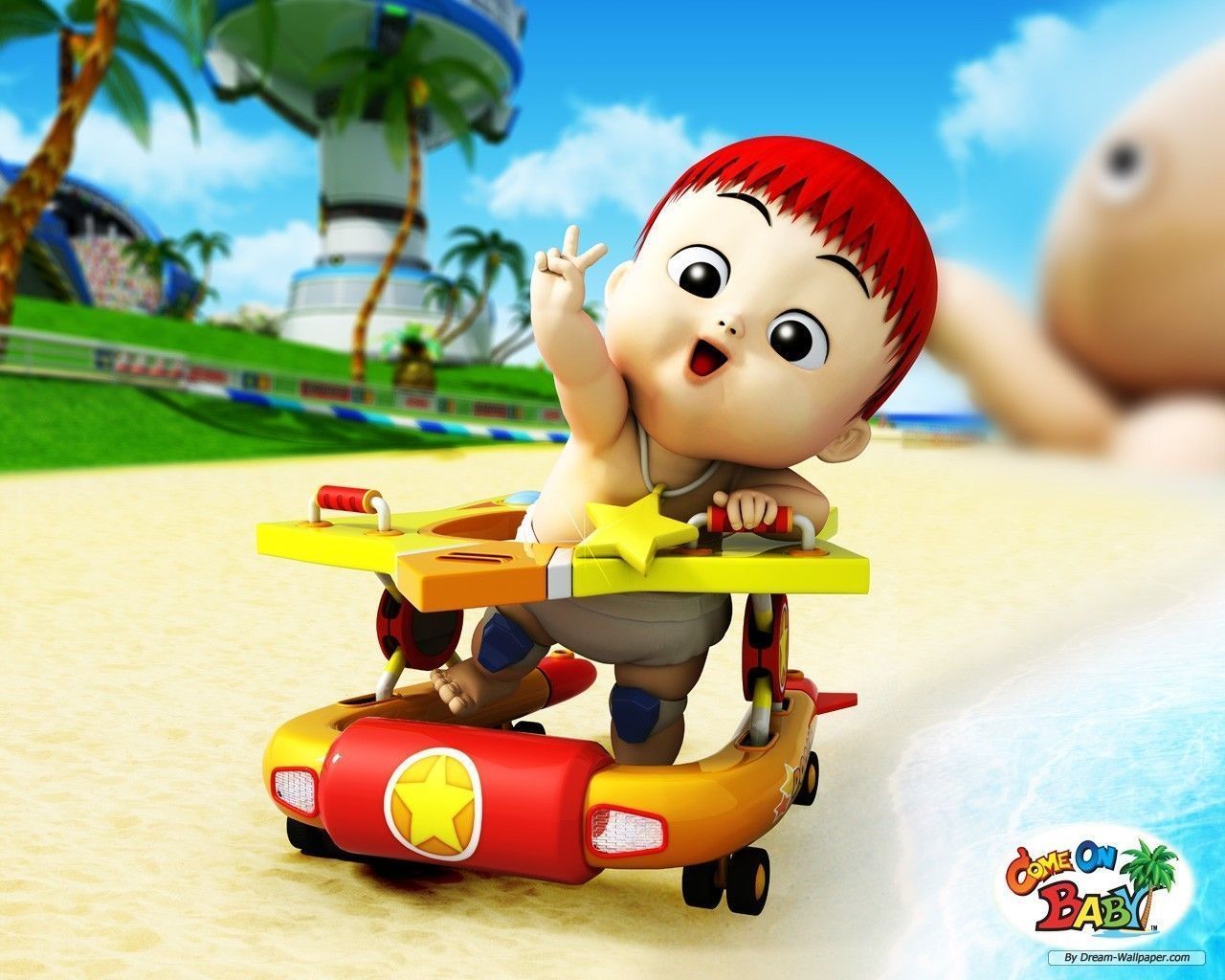 Bambino cartone su girello spiaggia, 1280x1024 720p, PC