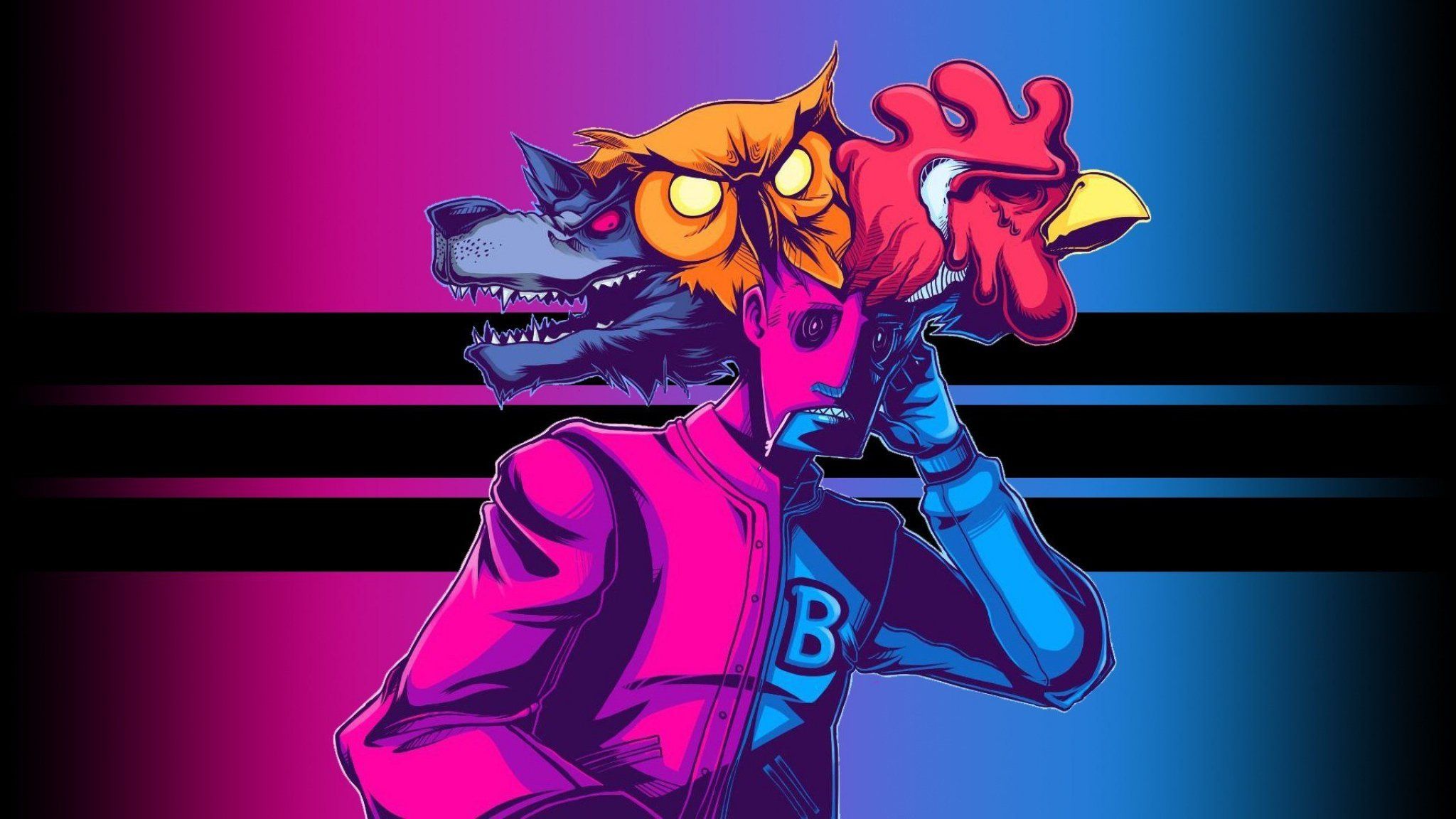 Personaggio con maschere animali neon, 2048x1152 alta risoluzione, PC