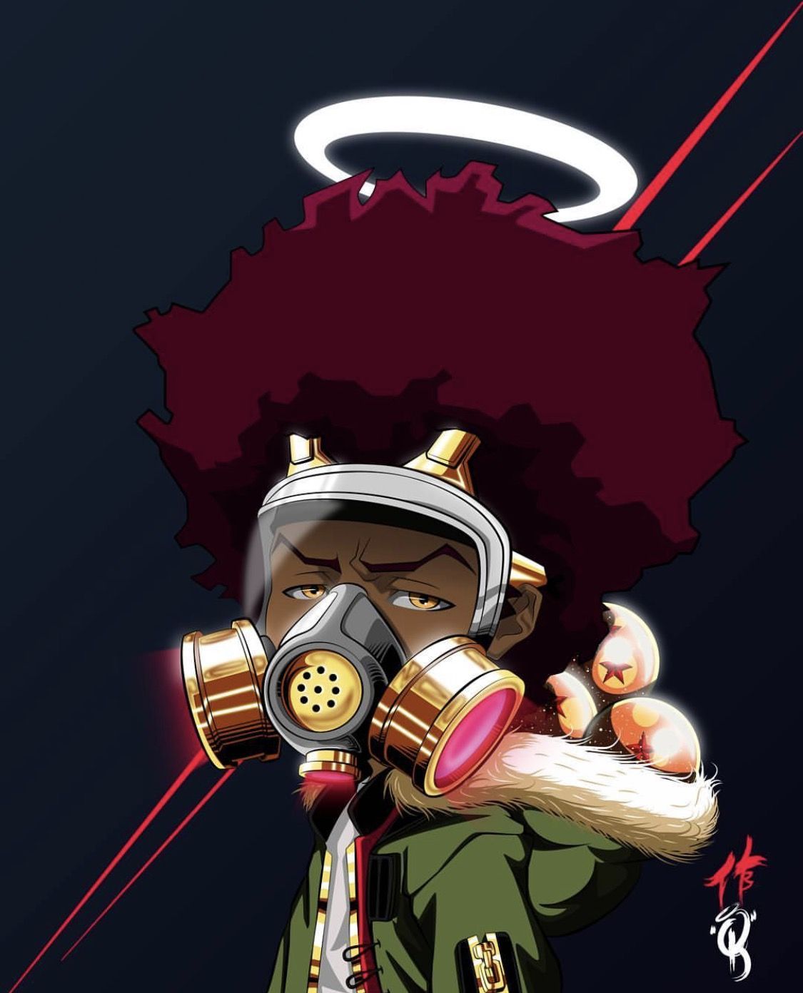 Personaggio cartoon con afro e maschera antigas, 1125x1392 Verticale, Telefono
