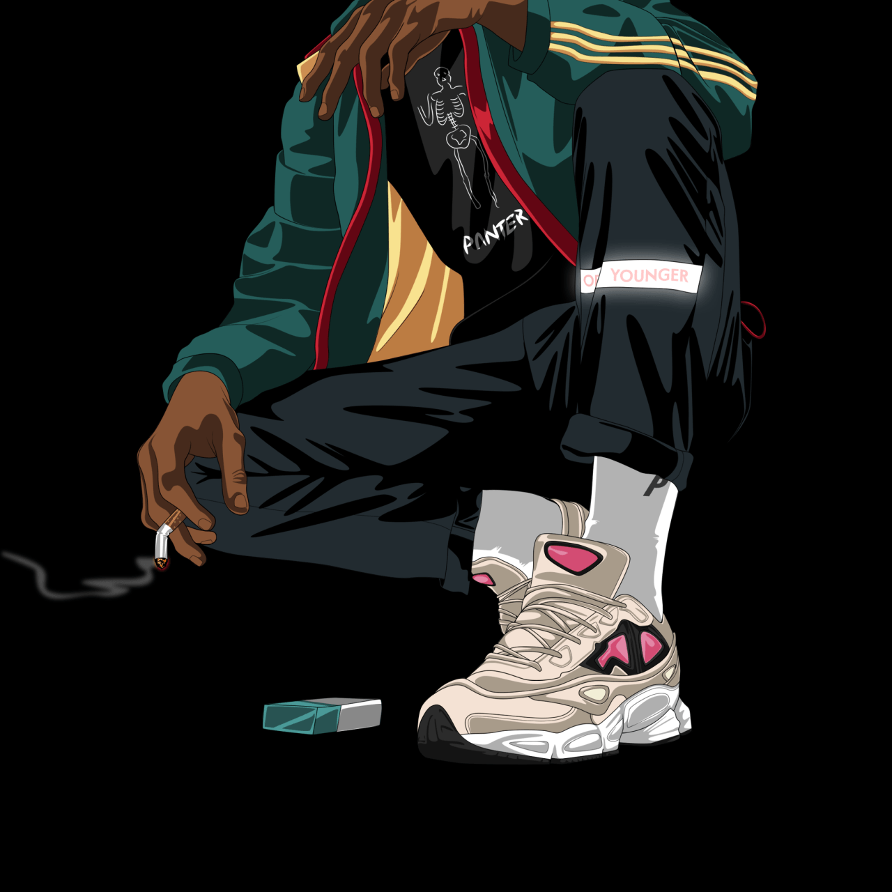 Personaggio cartoon con sigaretta e sneakers, 1280x1280 720p, Notebook
