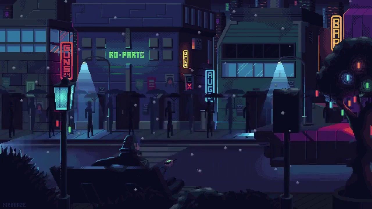 Strada pixel art notturna neon, 1280x720 HD, Desktop