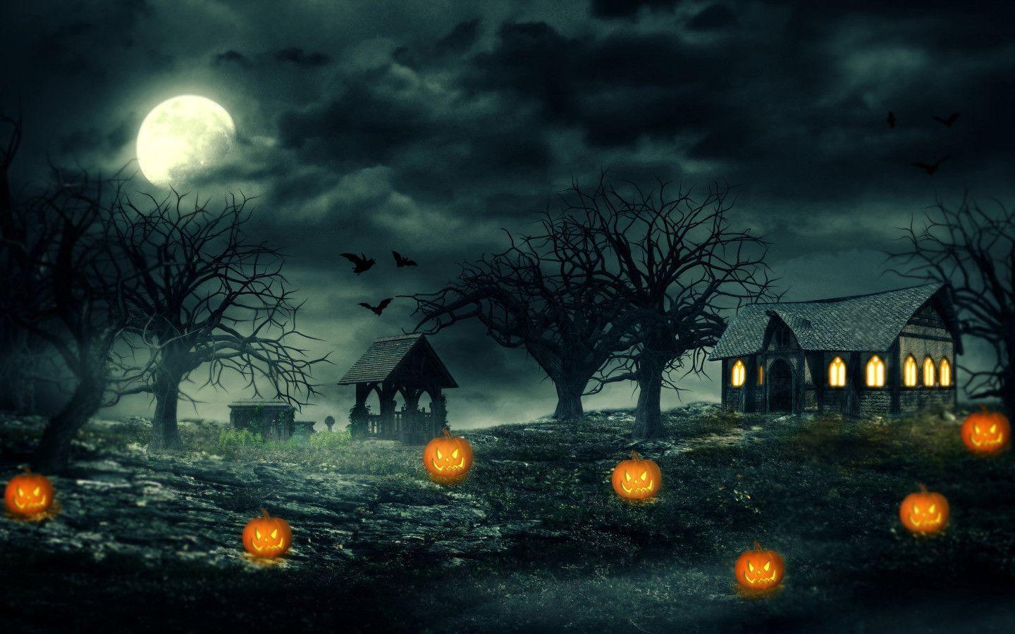 Casa stregata con zucche notturne, 1440x900 HD, Desktop