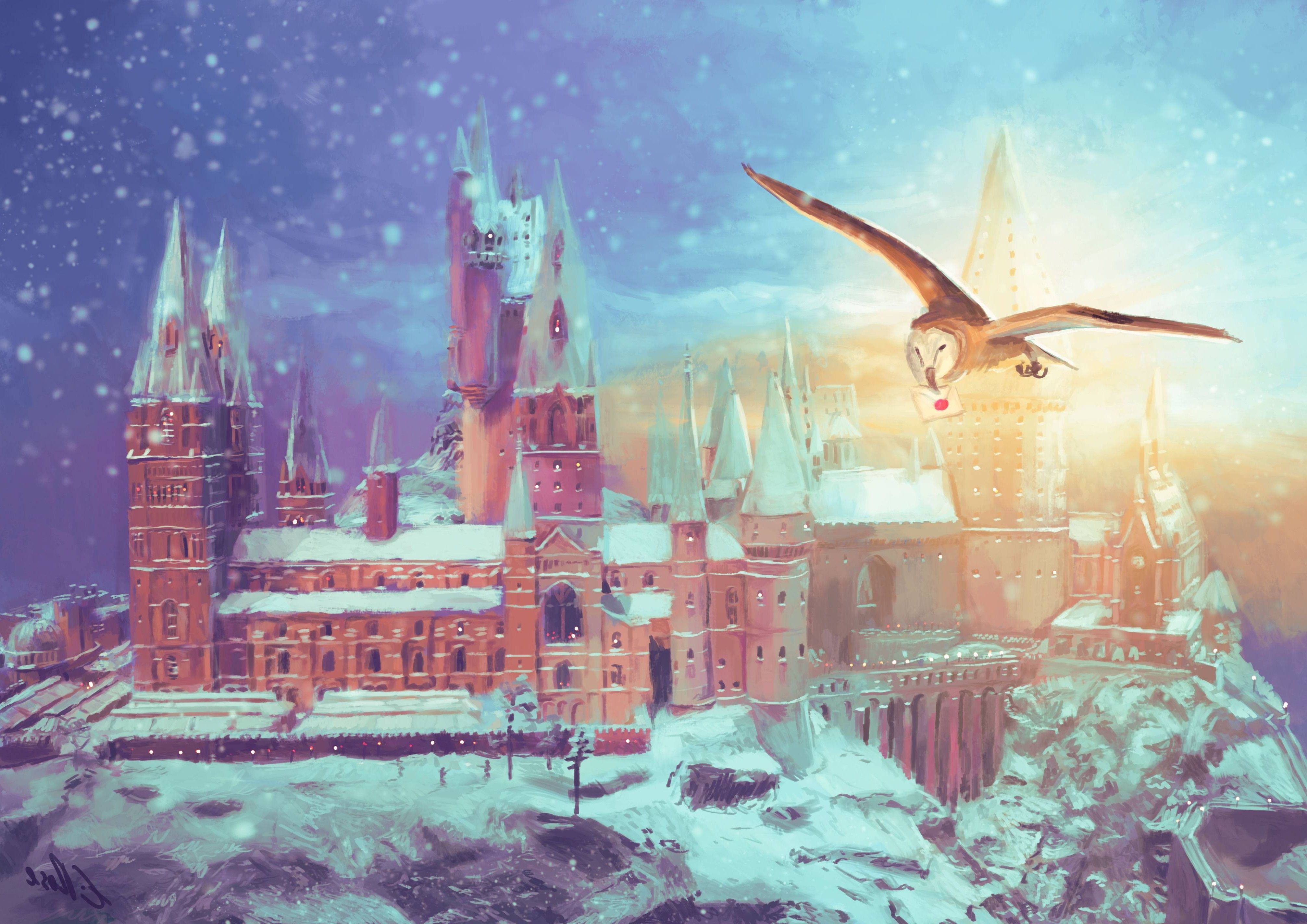 Castello di Hogwarts innevato con gufo, 4026x2848 Ultra HD, Monitor 4K