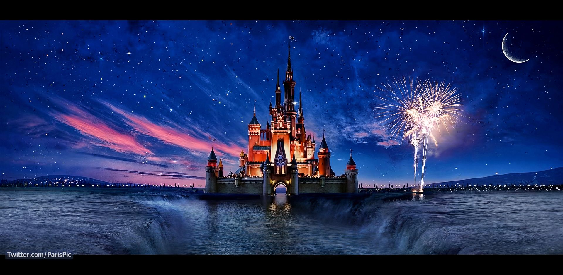 Castello Disney fuochi artificio notte, 1920x940 Full HD 1080p, PC
