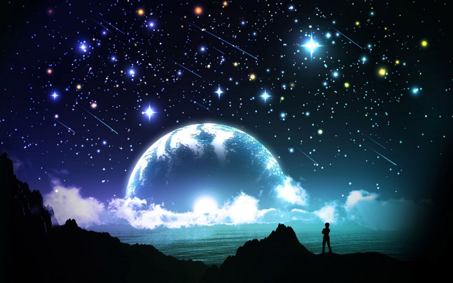 silhouette sotto cielo stellato e pianeta, 1920x1200 WUXGA, Desktop