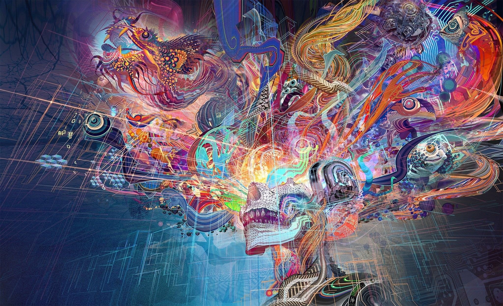Teschio astratto multicolore esplosione, 2048x1247 Hi-Res, Desktop