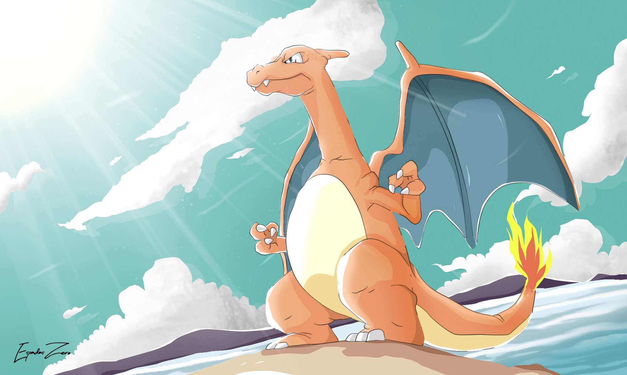 Charizard sulla spiaggia, 2000x1196 2K, Desktop