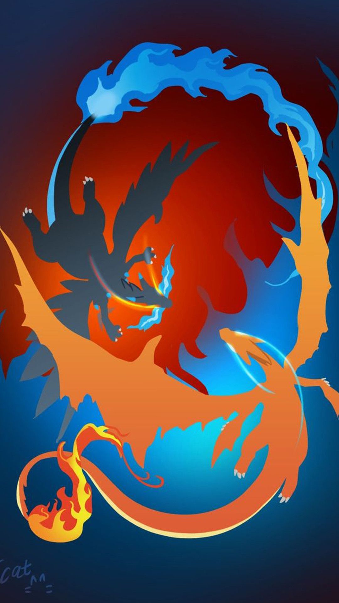 Charizard silhouette arancione blu, 1080x1920 Verticale, Mobile