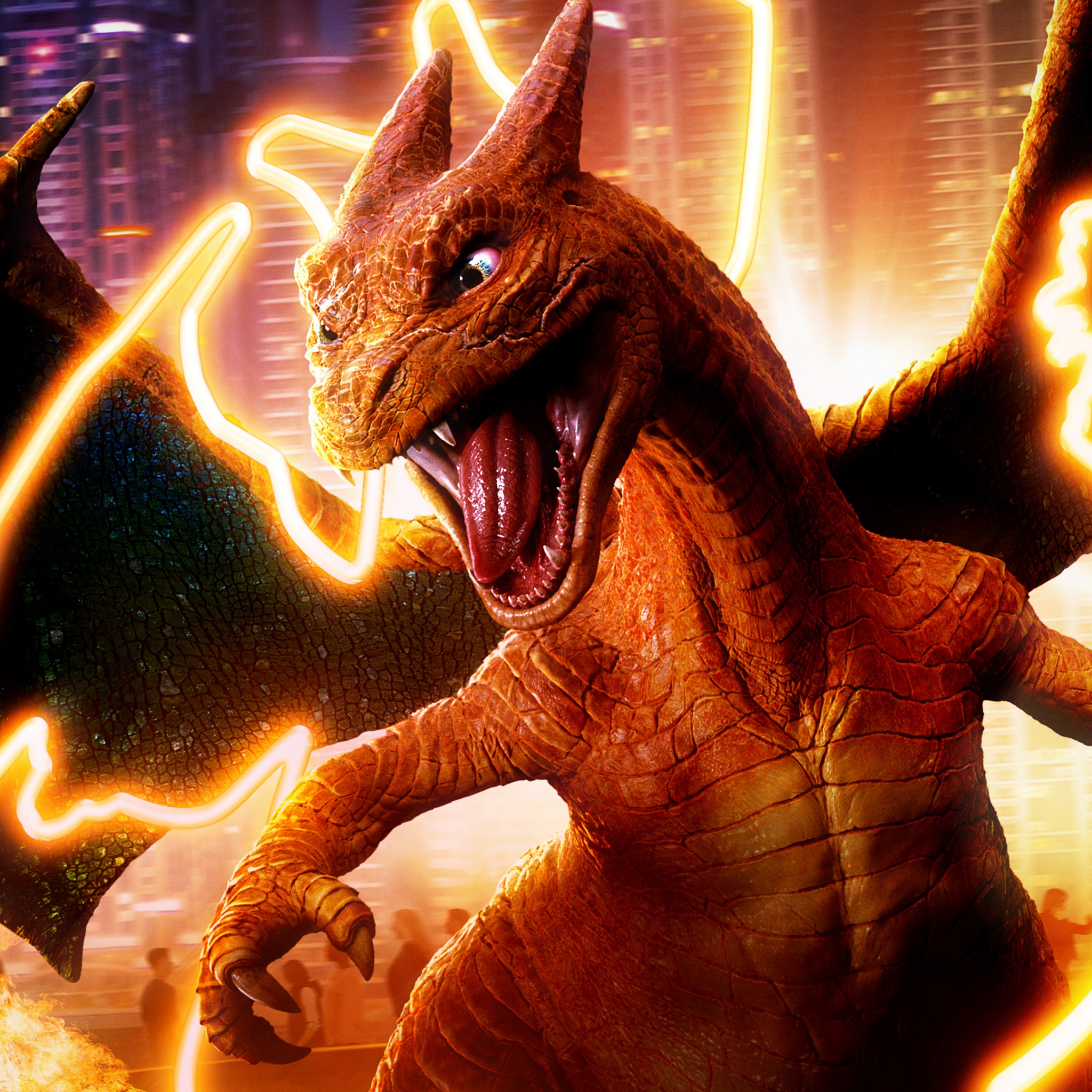 Charizard realistico città notturna, 2048x2048 alta risoluzione, PC