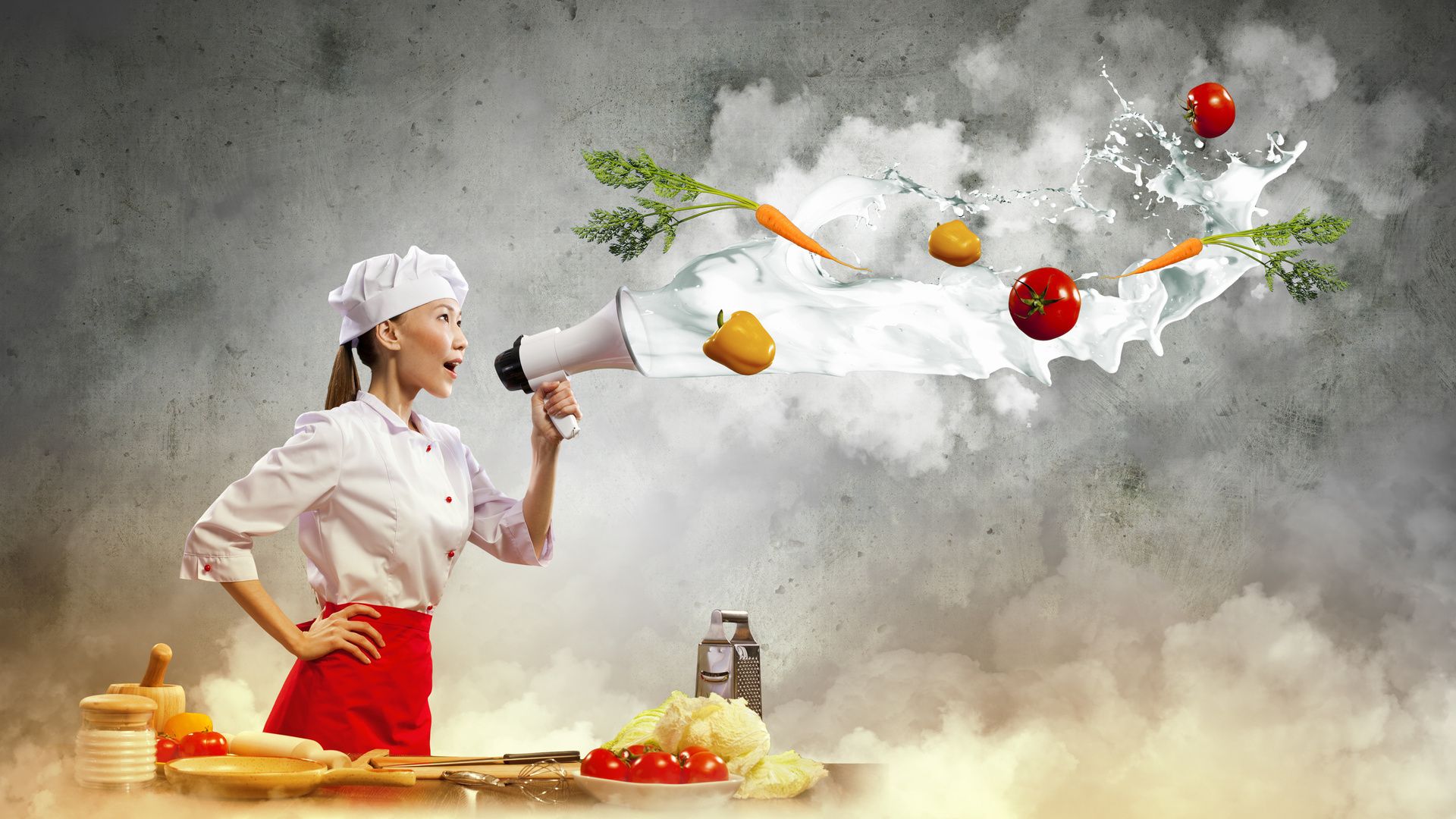 Chef con megafono e verdure, 1920x1080 1080p, Desktop
