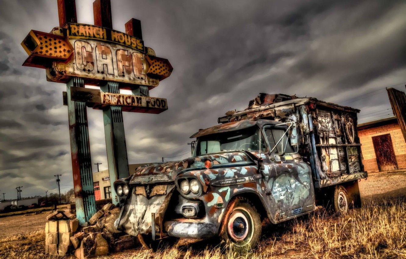 Camion Chevy abbandonato, insegna bar, 1332x850 HD, Desktop