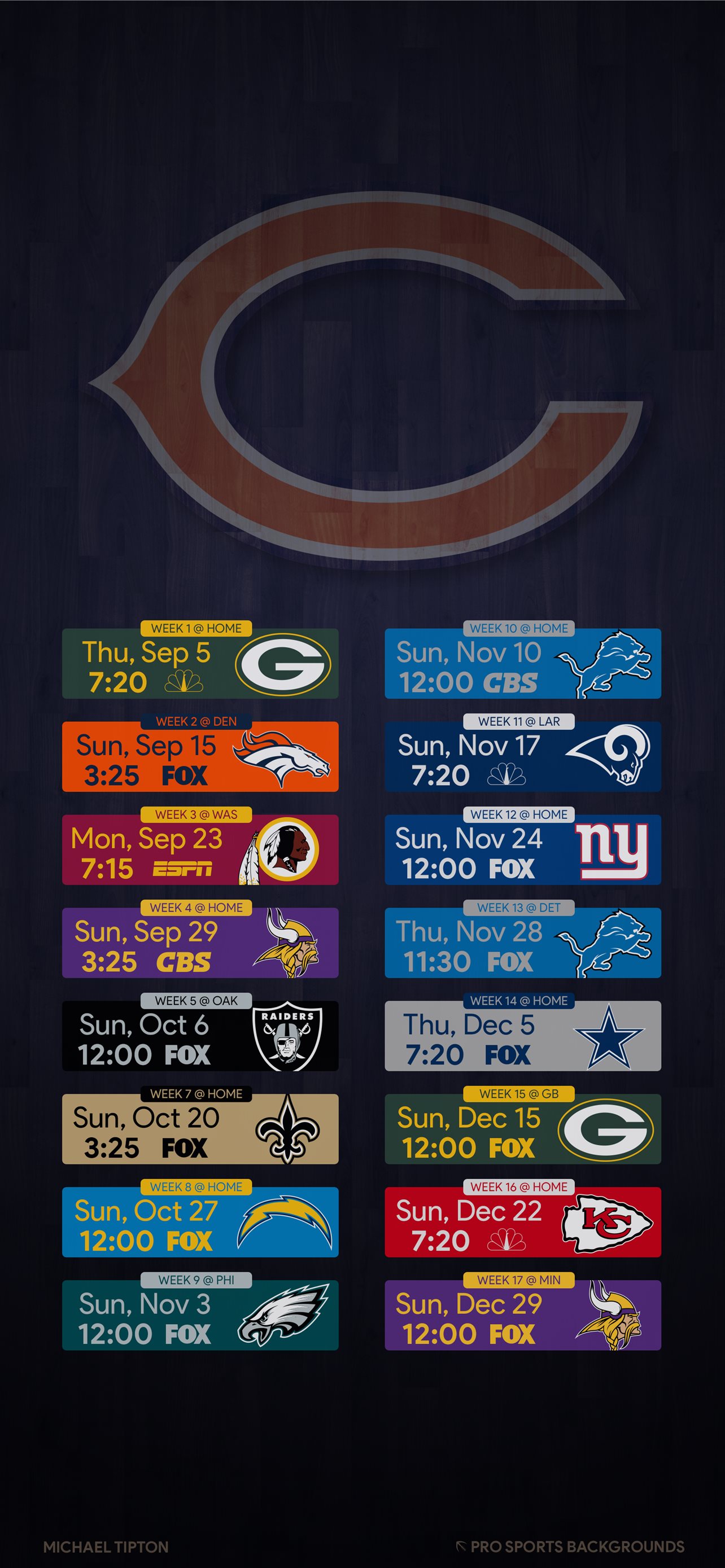 Chicago Bears calendario partite NFL, 1284x2778 Verticale, Mobile