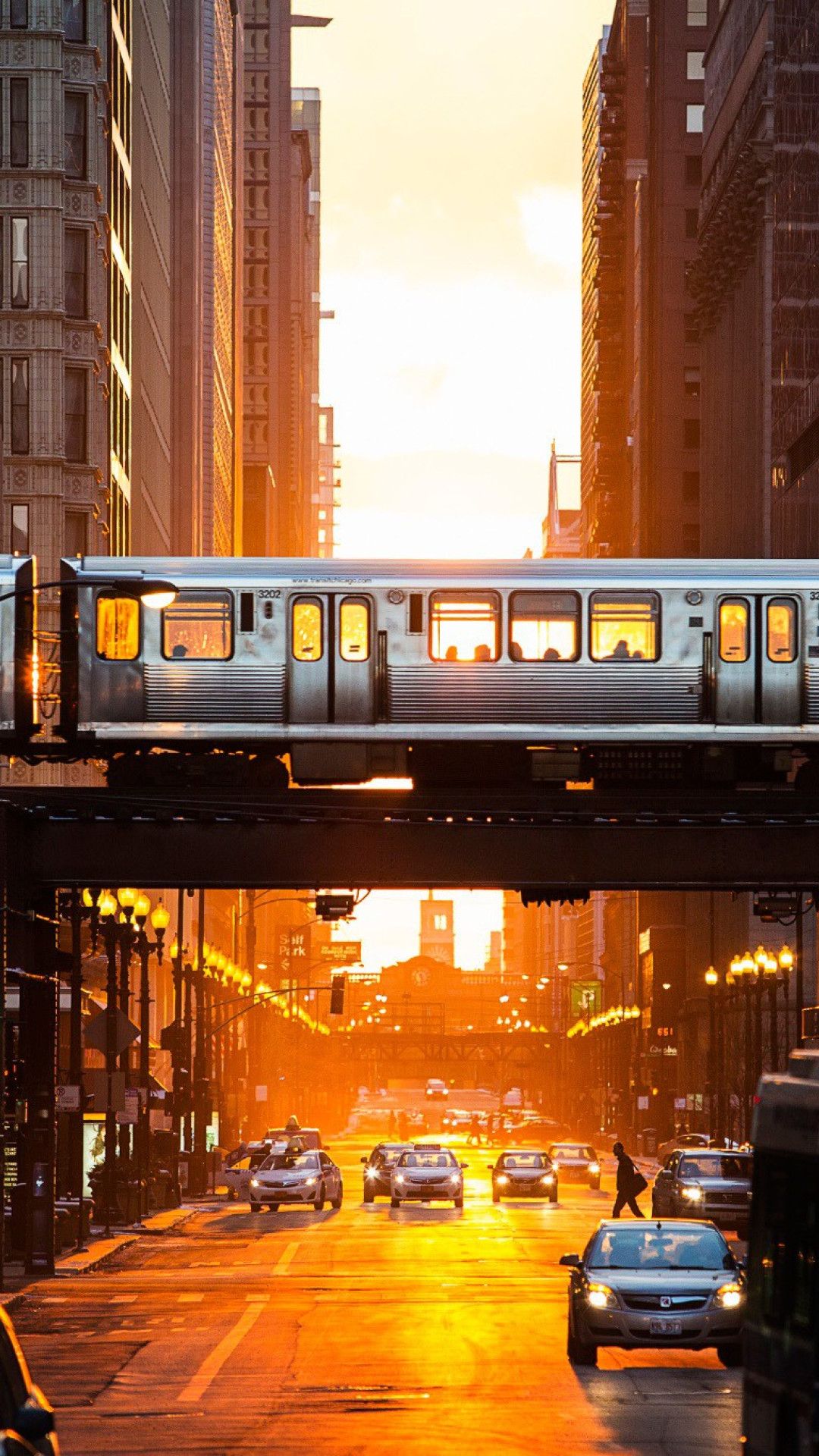 Treno sopraelevato Chicago tramonto, 1080x1920 Verticale, Mobile