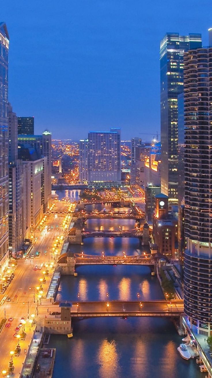 Skyline Chicago notturno fiume, 736x1309 Full HD Verticale, Smartphone