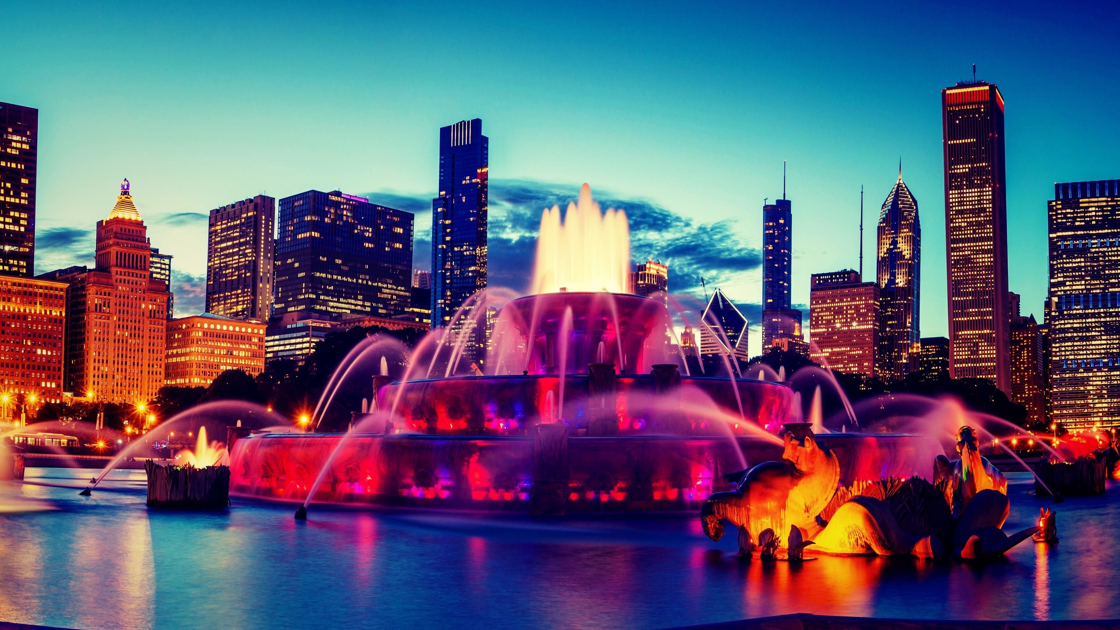 Fontana Buckingham skyline Chicago, 3840x2160 UHD, Monitor 4K