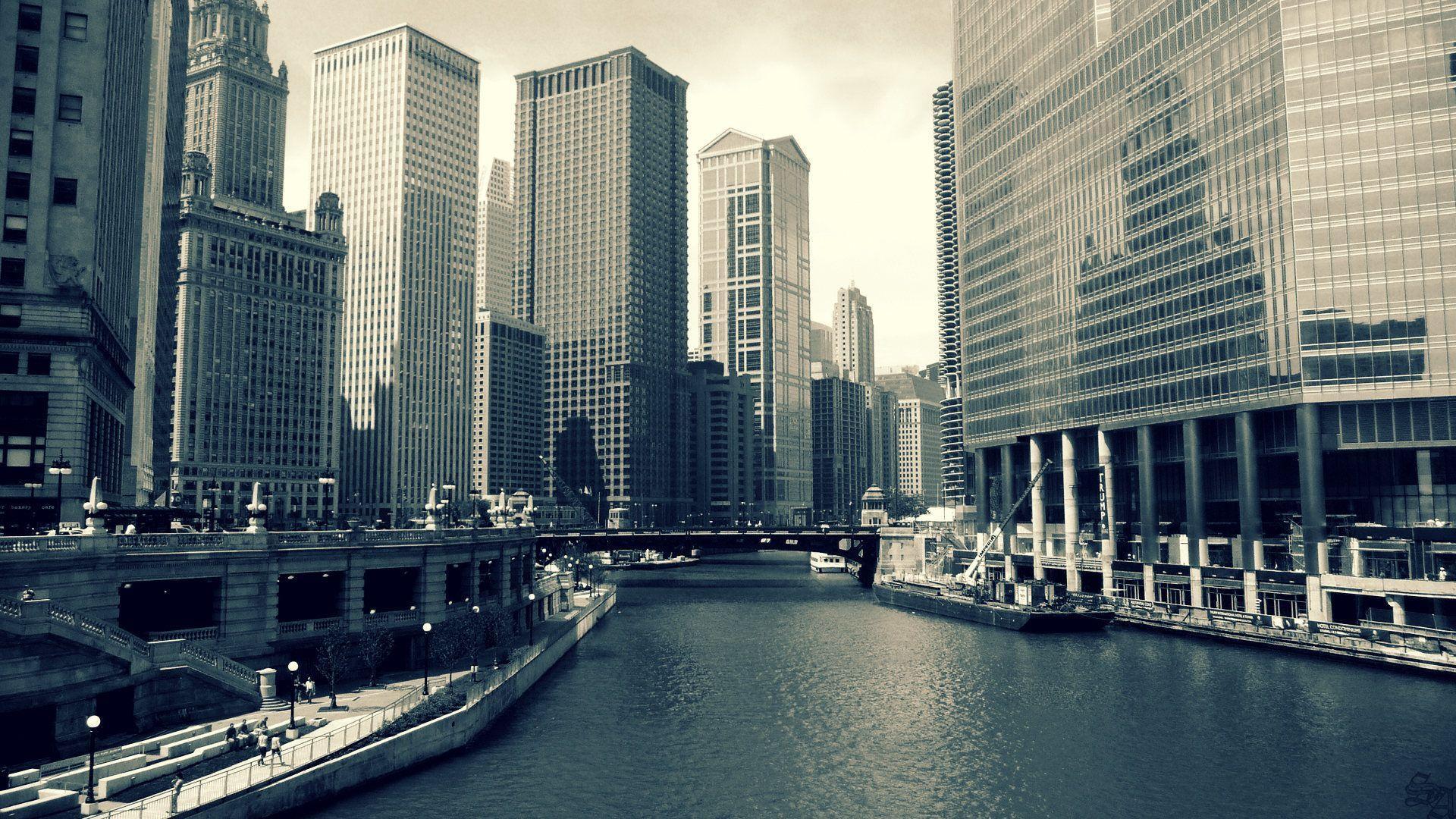Skyline Chicago fiume seppia, 1920x1080 Full HD 1080p, PC