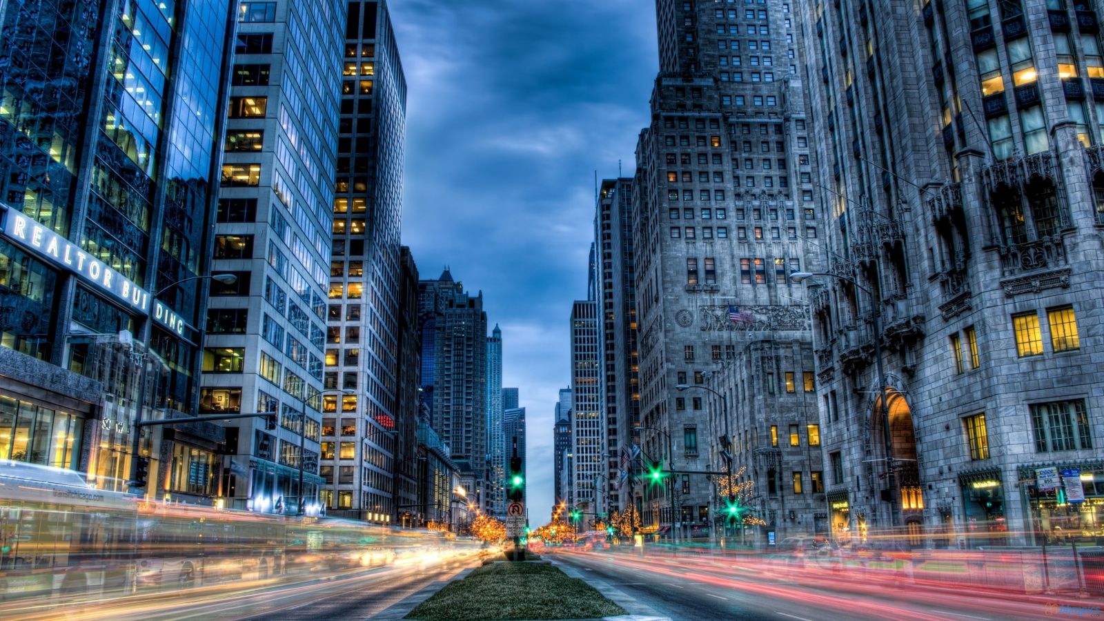 Skyline Chicago strada serale, 1600x900 900p, Desktop