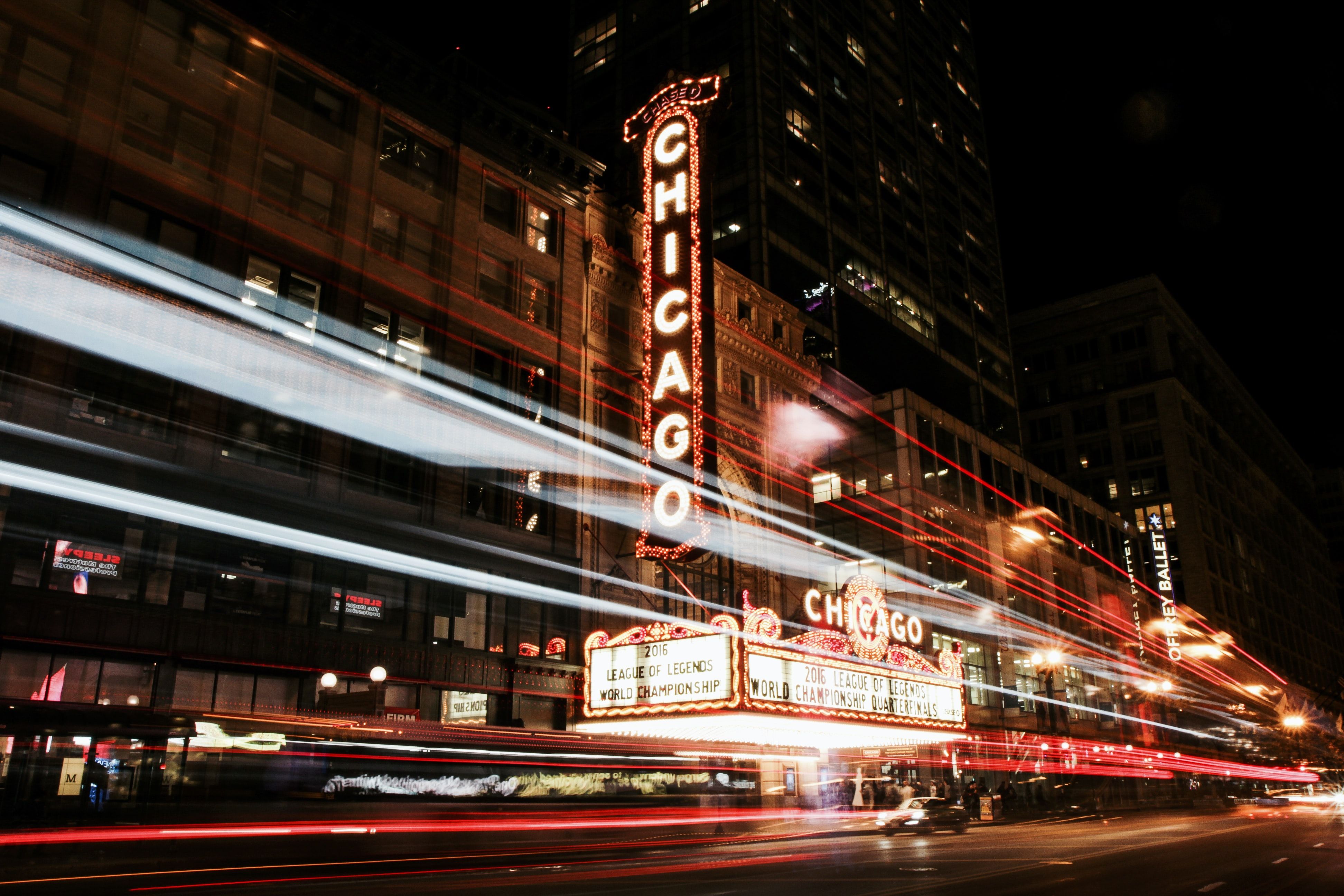 Insegna teatro Chicago di notte, 3888x2592 4K Ultra HD, Monitor 4K
