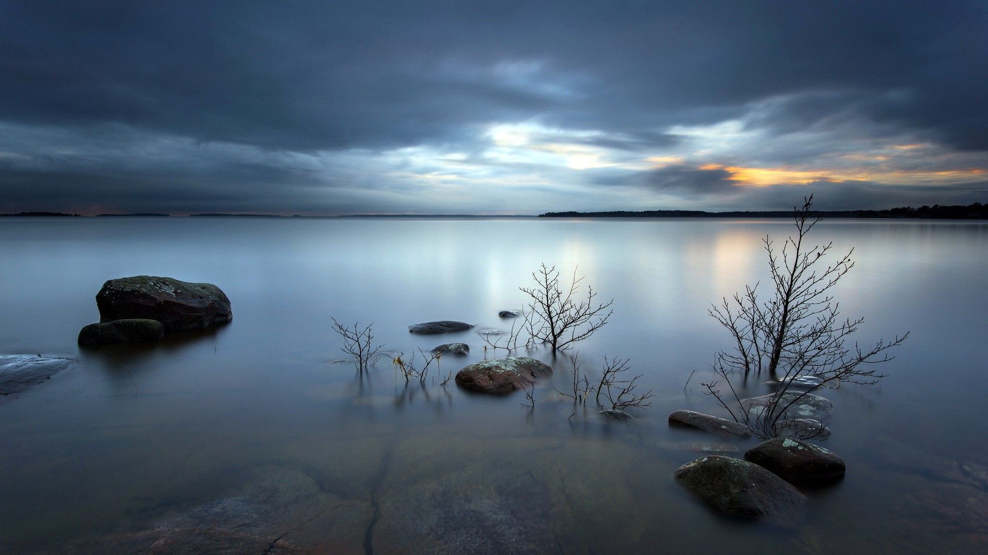 Lago al crepuscolo con rocce, 1920x1080 Full HD 1080p, PC