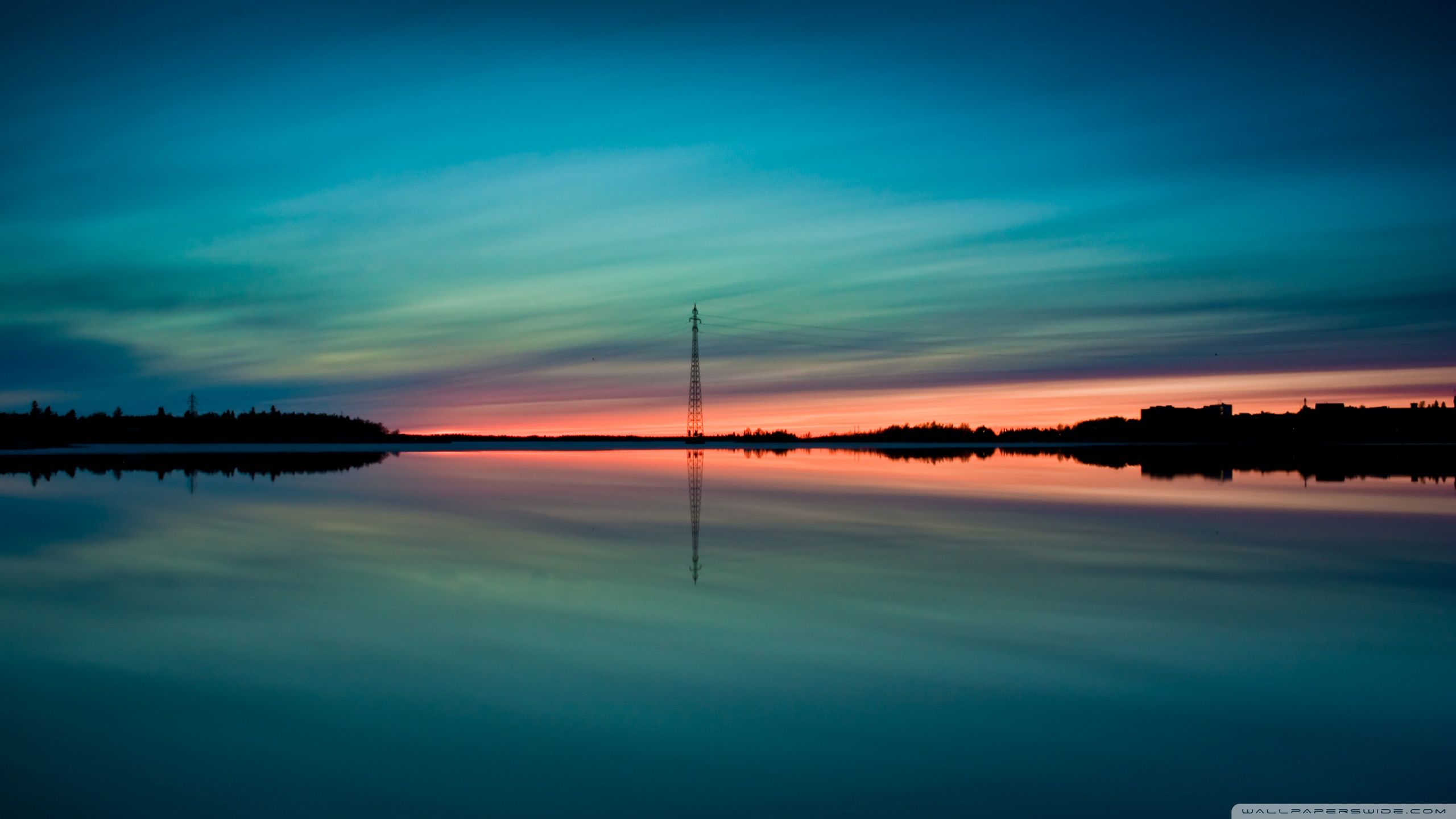 Tramonto lago calmo torre, 2560x1440 2K QHD, PC