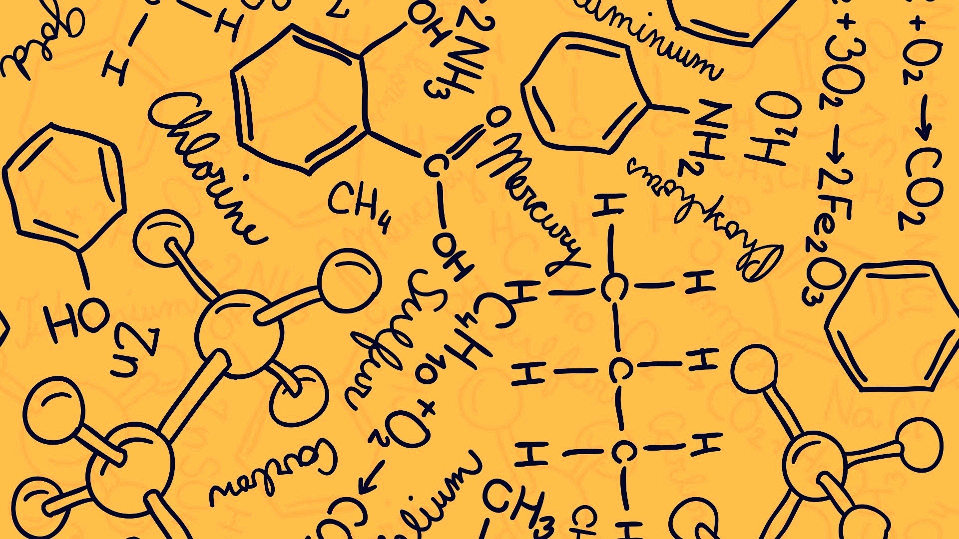 formule chimiche disegnate sfondo giallo, 1920x1080 Full HD, Laptop