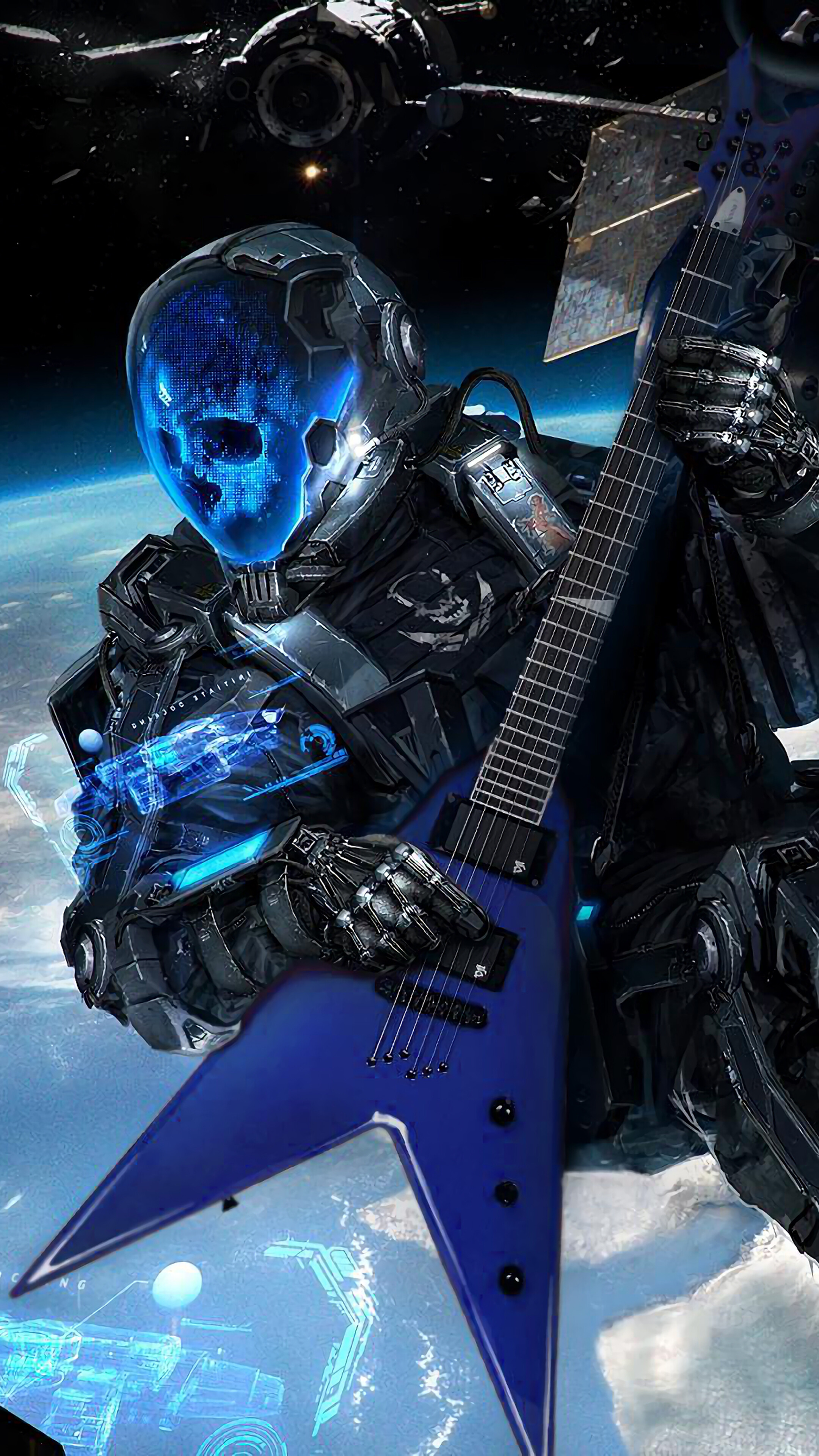 Teschio robotico con chitarra elettrica, 2160x3840 Verticale, Telefono