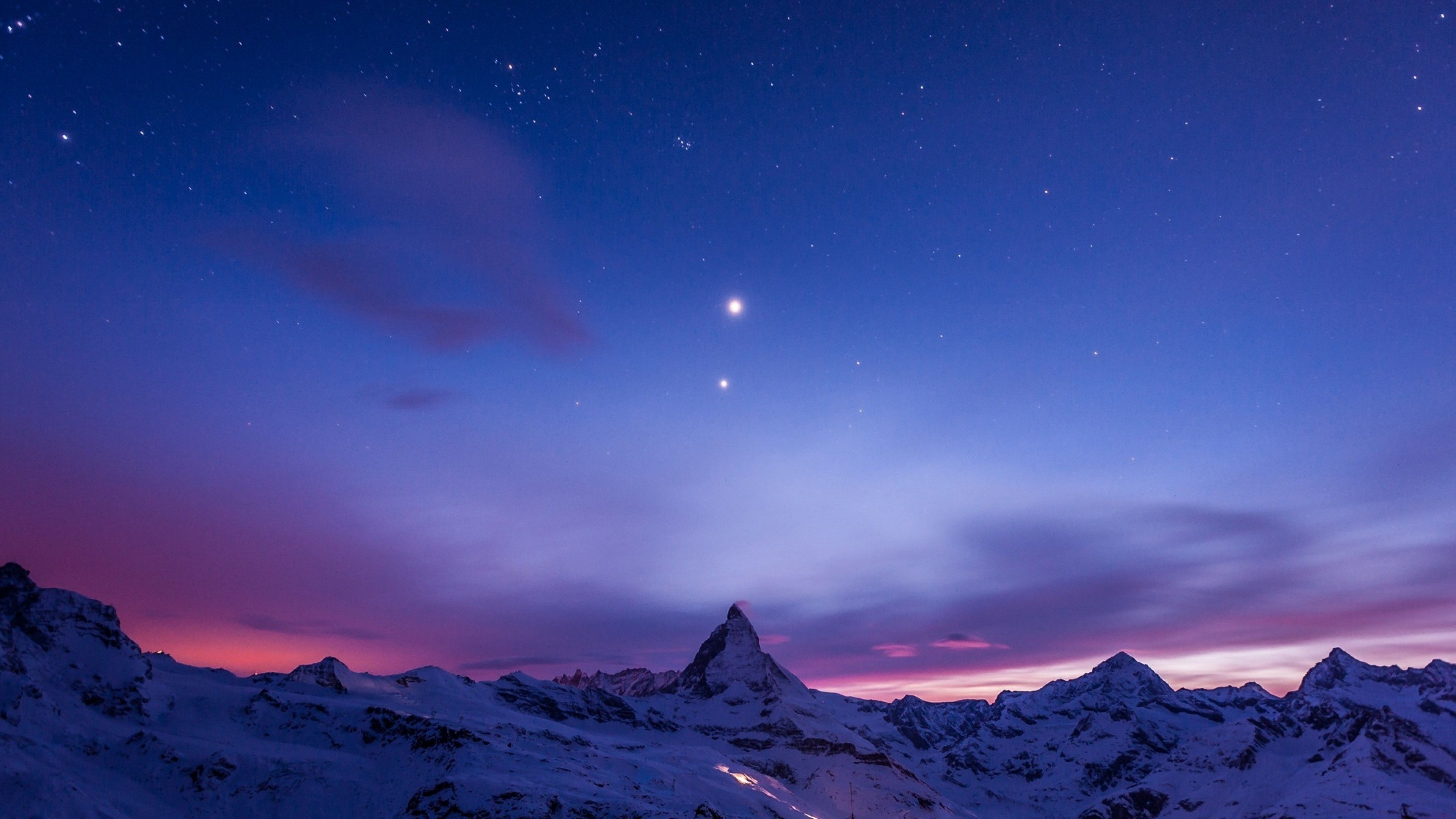 Montagna innevata cielo stellato crepuscolo, 3840x2160 4K Ultra HD, Monitor 4K