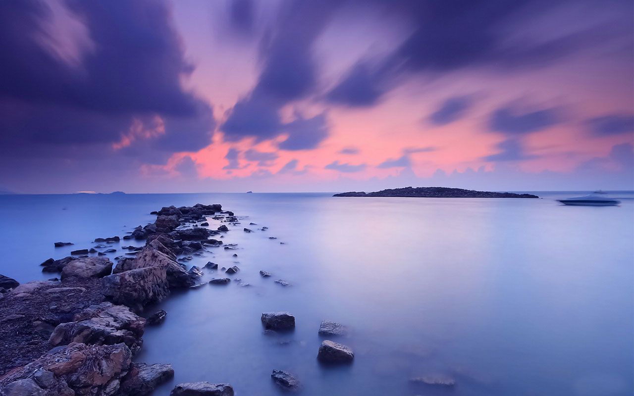 Tramonto viola su mare calmo, 1280x800 HD, Desktop