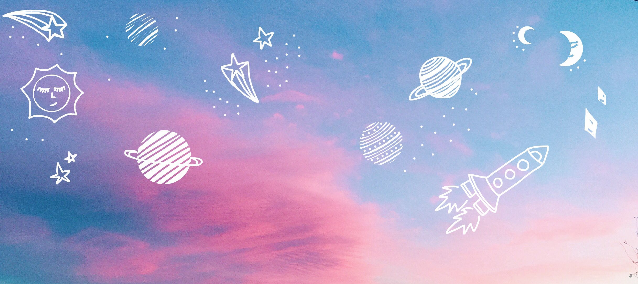 Cielo pastello con doodle spaziali, 2434x1085 21:9, Ultrawide