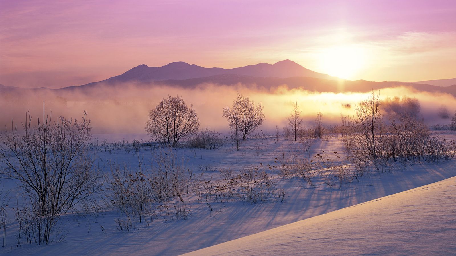 Alba invernale nebbiosa montagne, 1600x900 HD Ready, Desktop