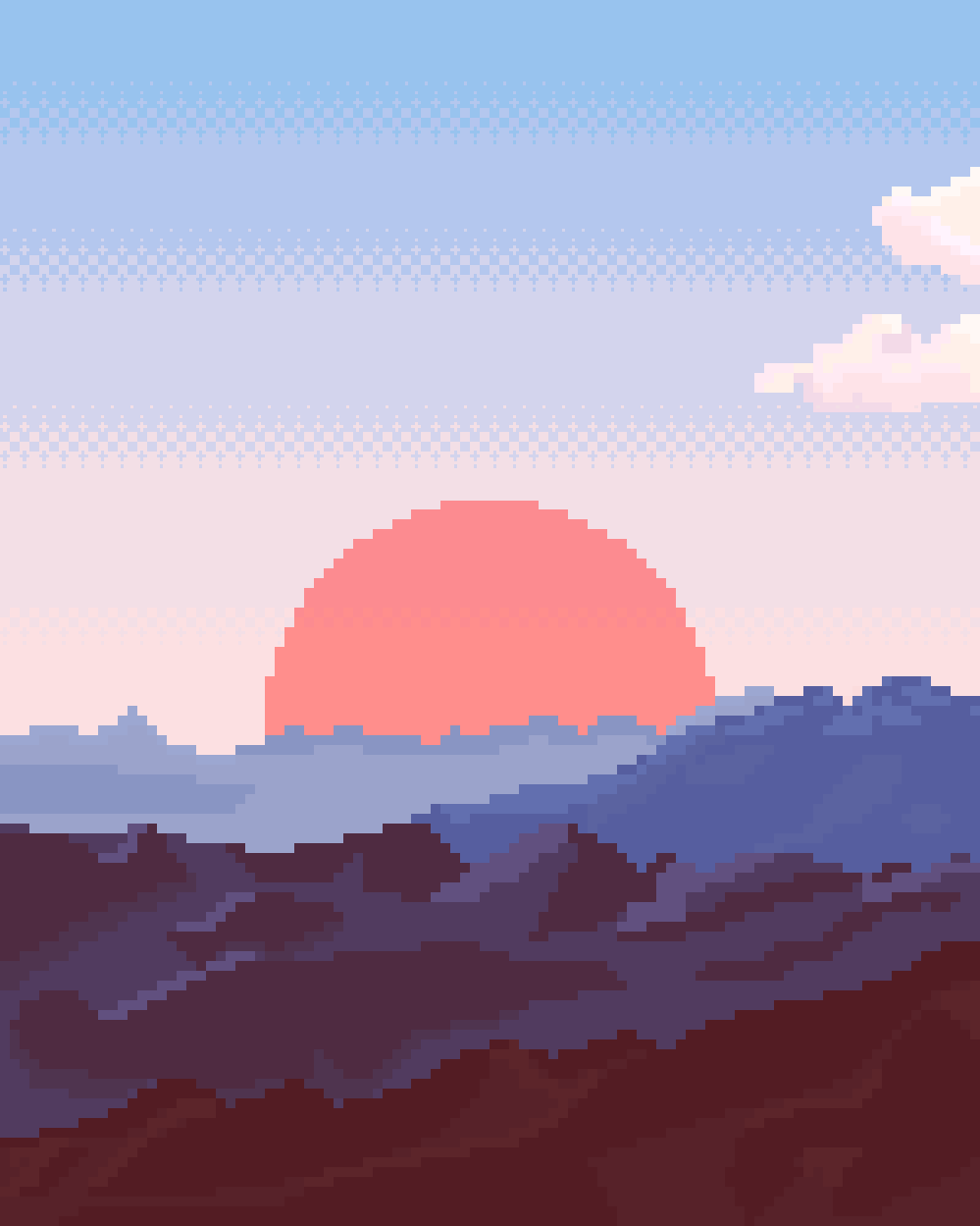 Tramonto pixel art montagne, 999x1249 Verticale, Mobile