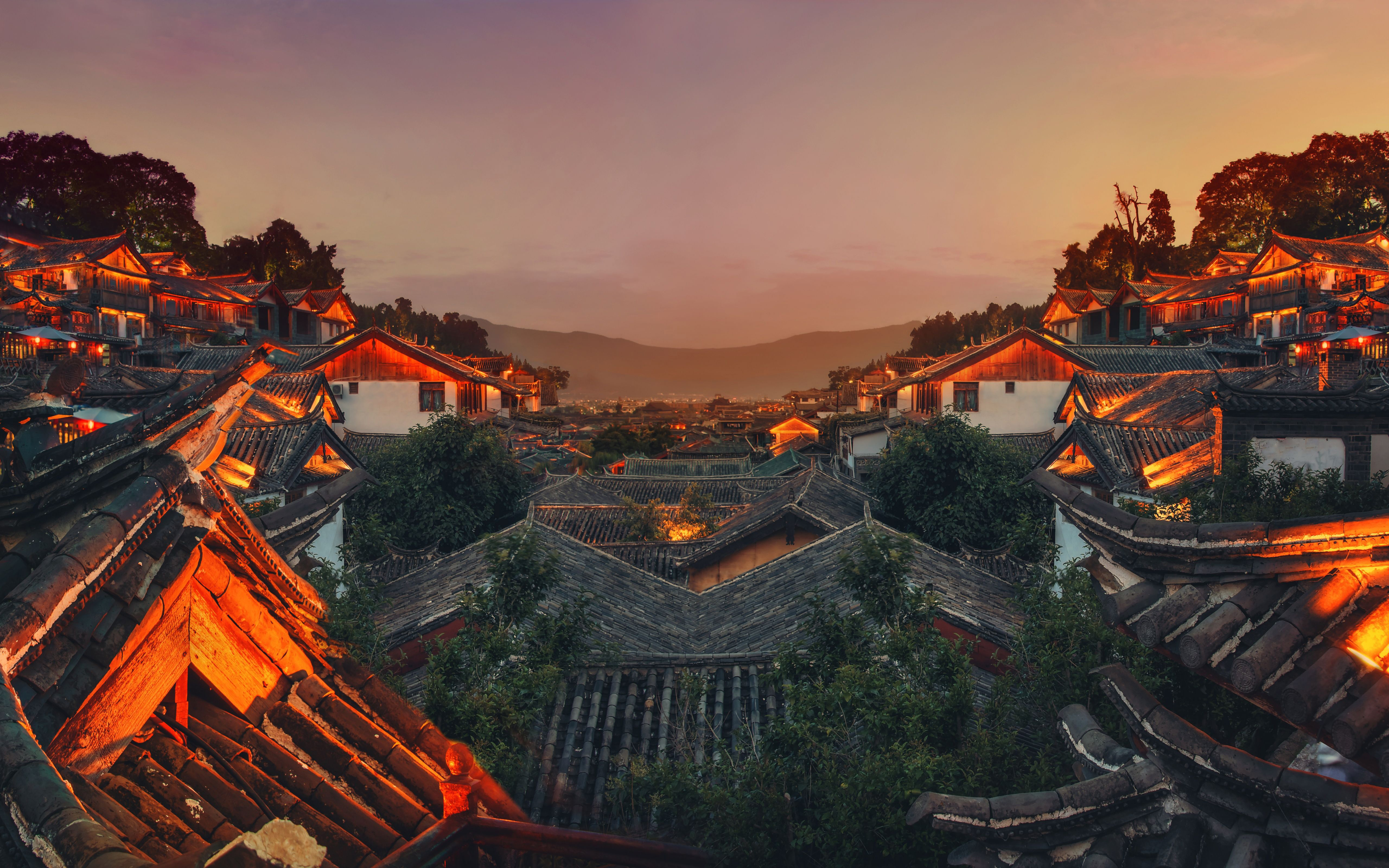 Tetti tradizionali cinesi al tramonto, 5120x3200 4K Ultra HD, Smart TV 4K