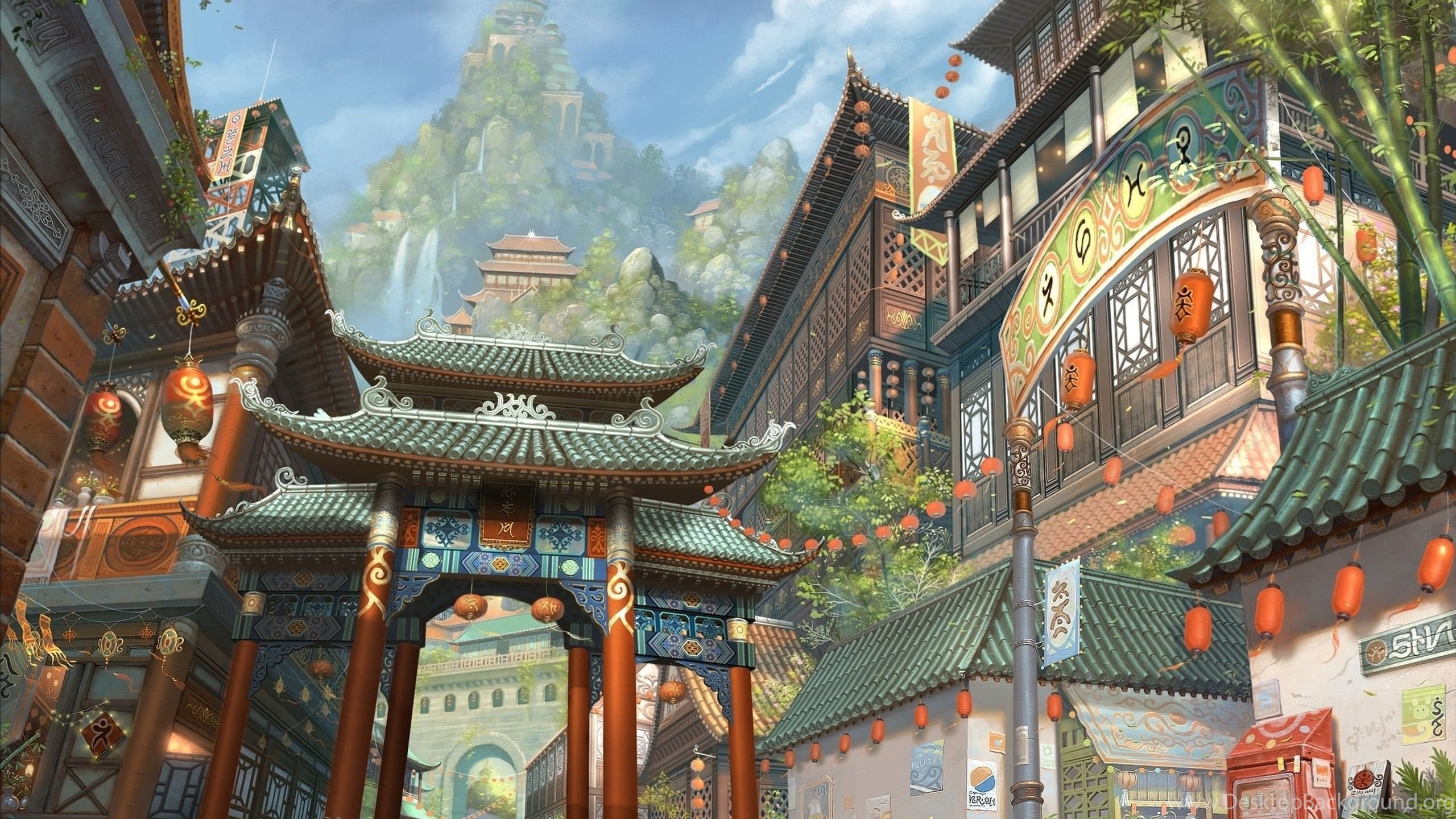Città cinese tradizionale, montagne, 2560x1440 2K QHD, Monitor Gaming