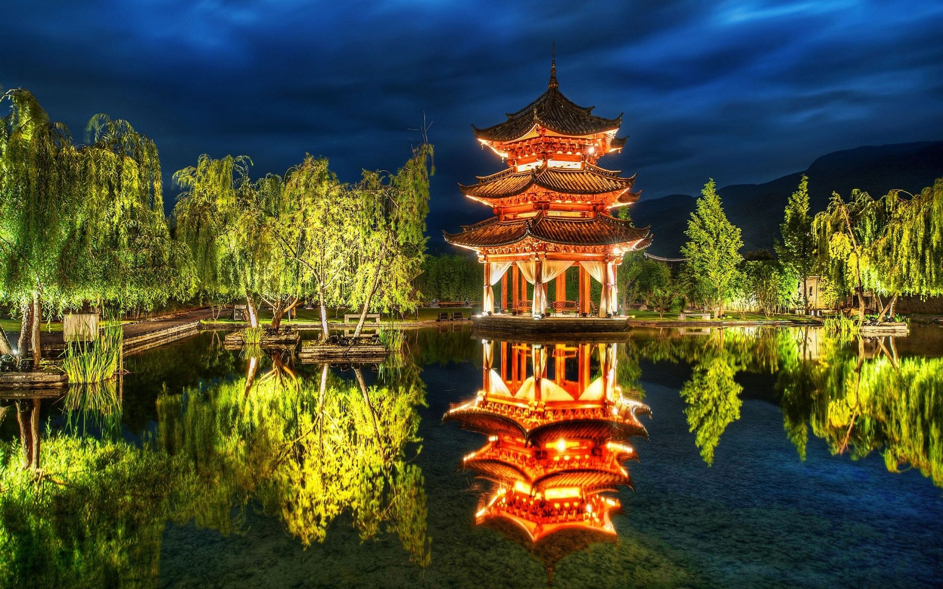 Pagoda cinese illuminata di notte, 1920x1200 Full HD+ WUXGA, PC Desktop