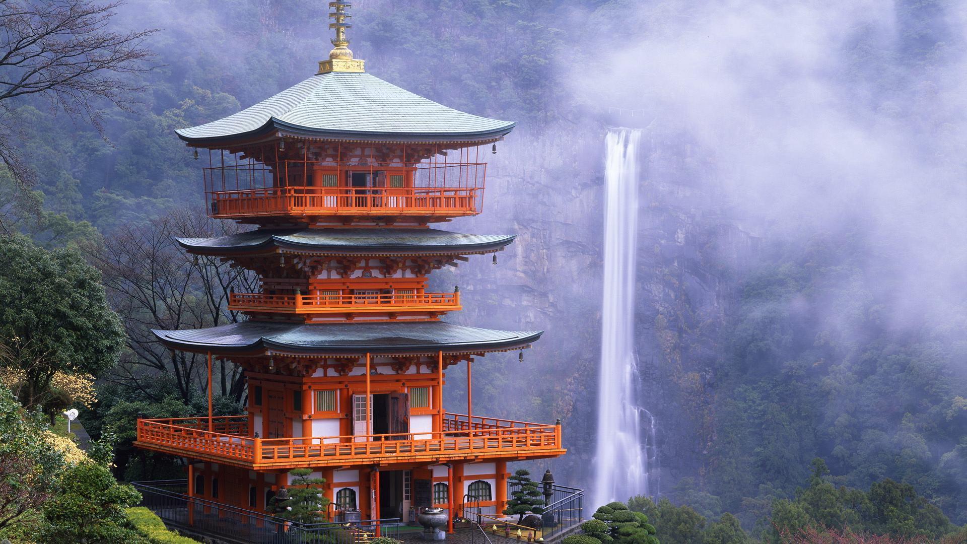 Pagoda rossa e cascata, 1920x1080 Full HD, PC Desktop