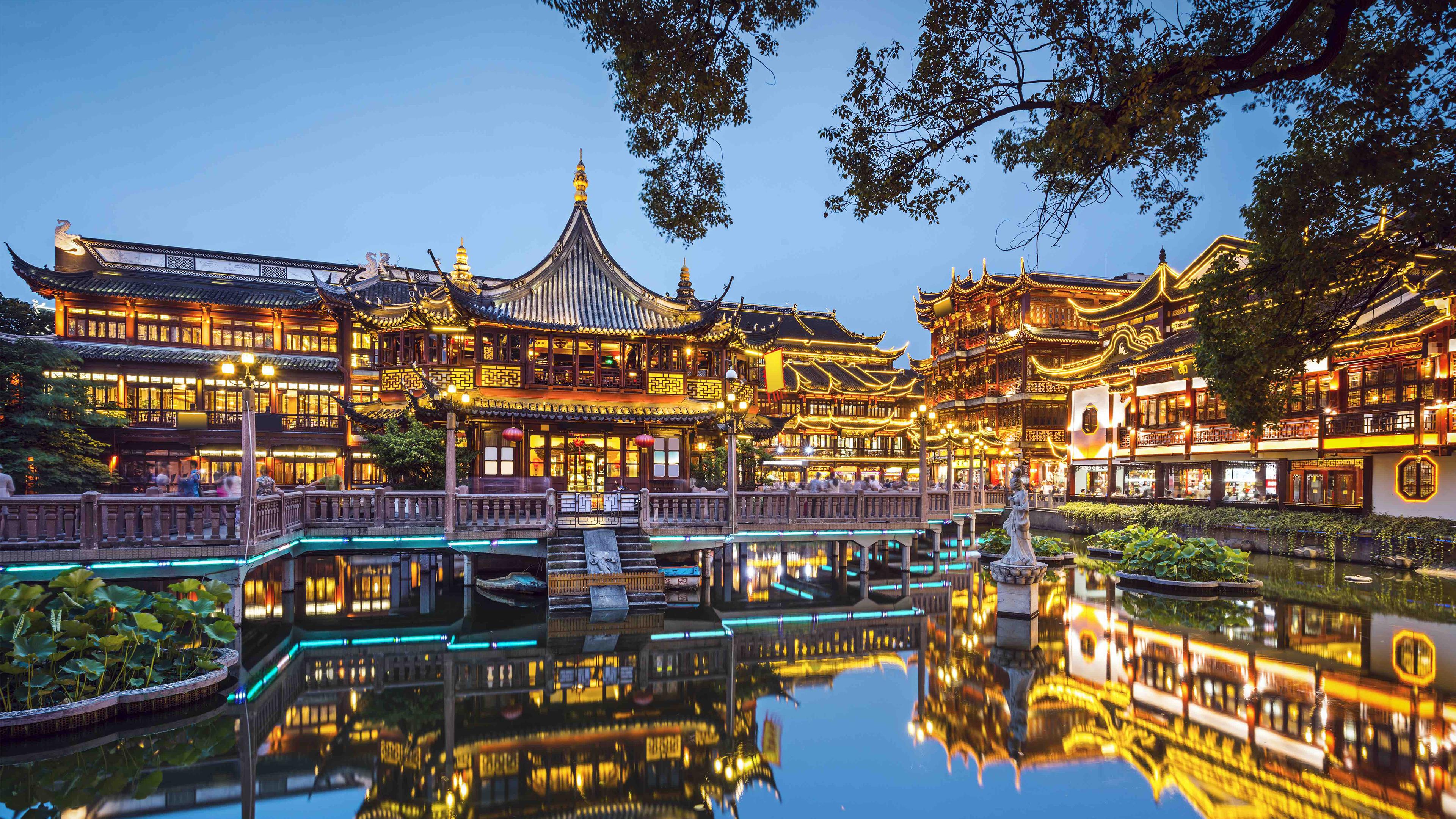 Giardino Yuyuan illuminato sera, 3840x2160 Ultra HD, 4K TV