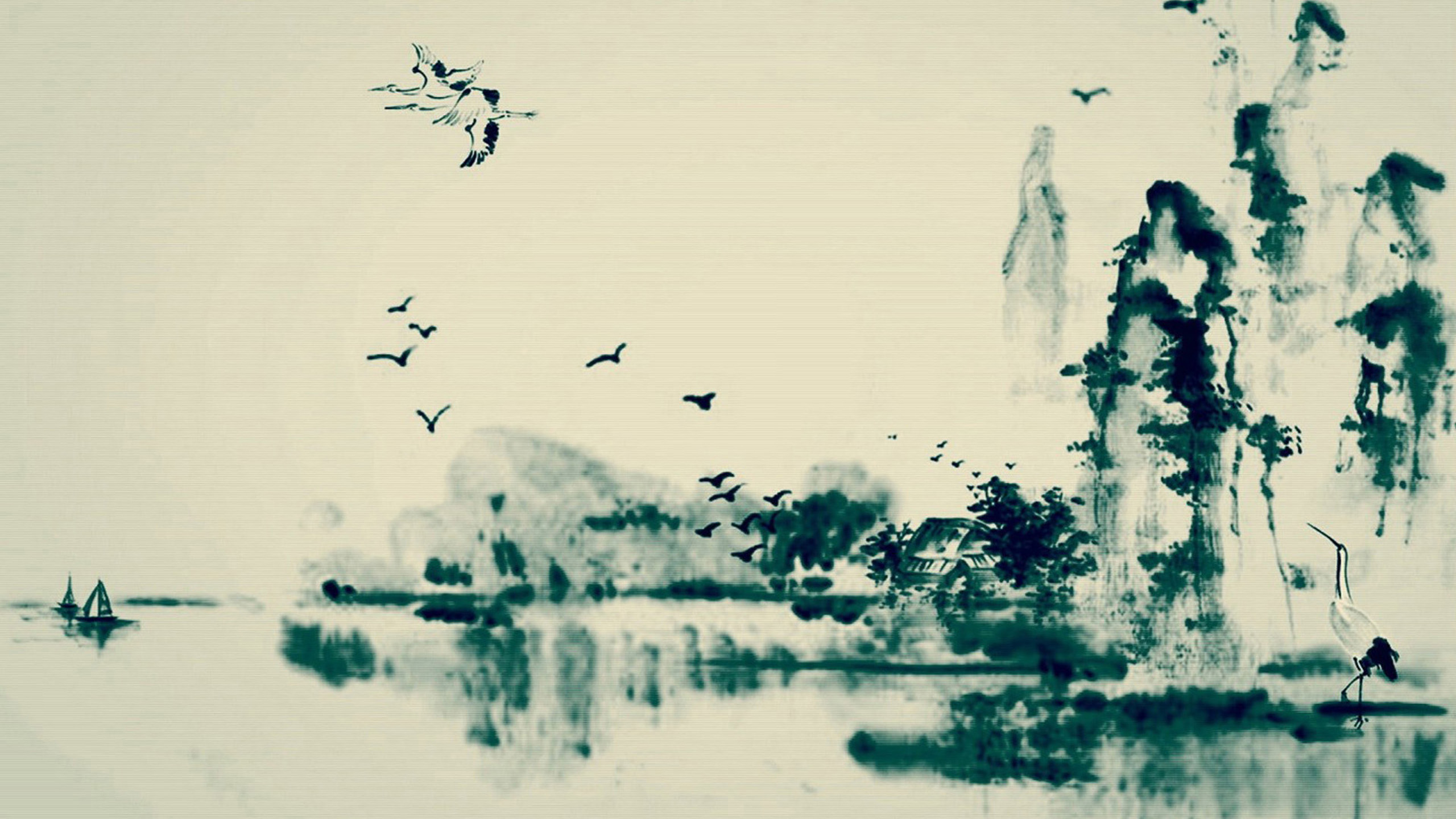 Paesaggio fluviale inchiostro uccelli, 2560x1440 2K QHD, PC