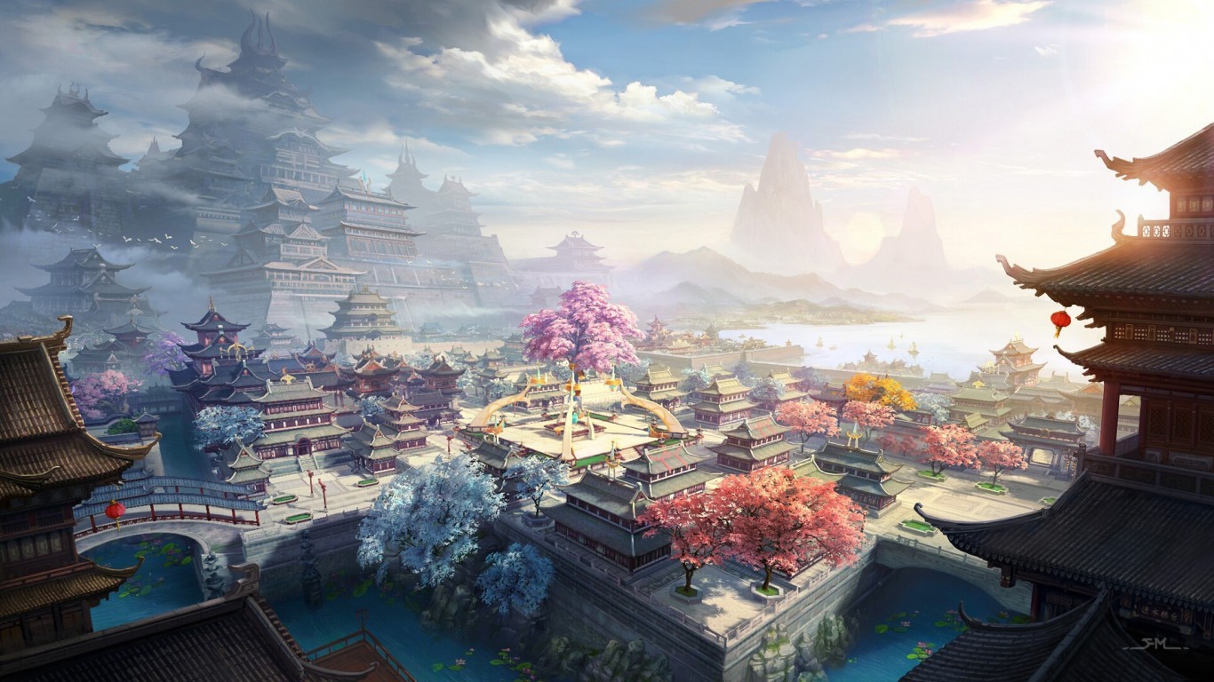 Citta antica pagode fiori panorama, 1366x768 HD, PC Desktop