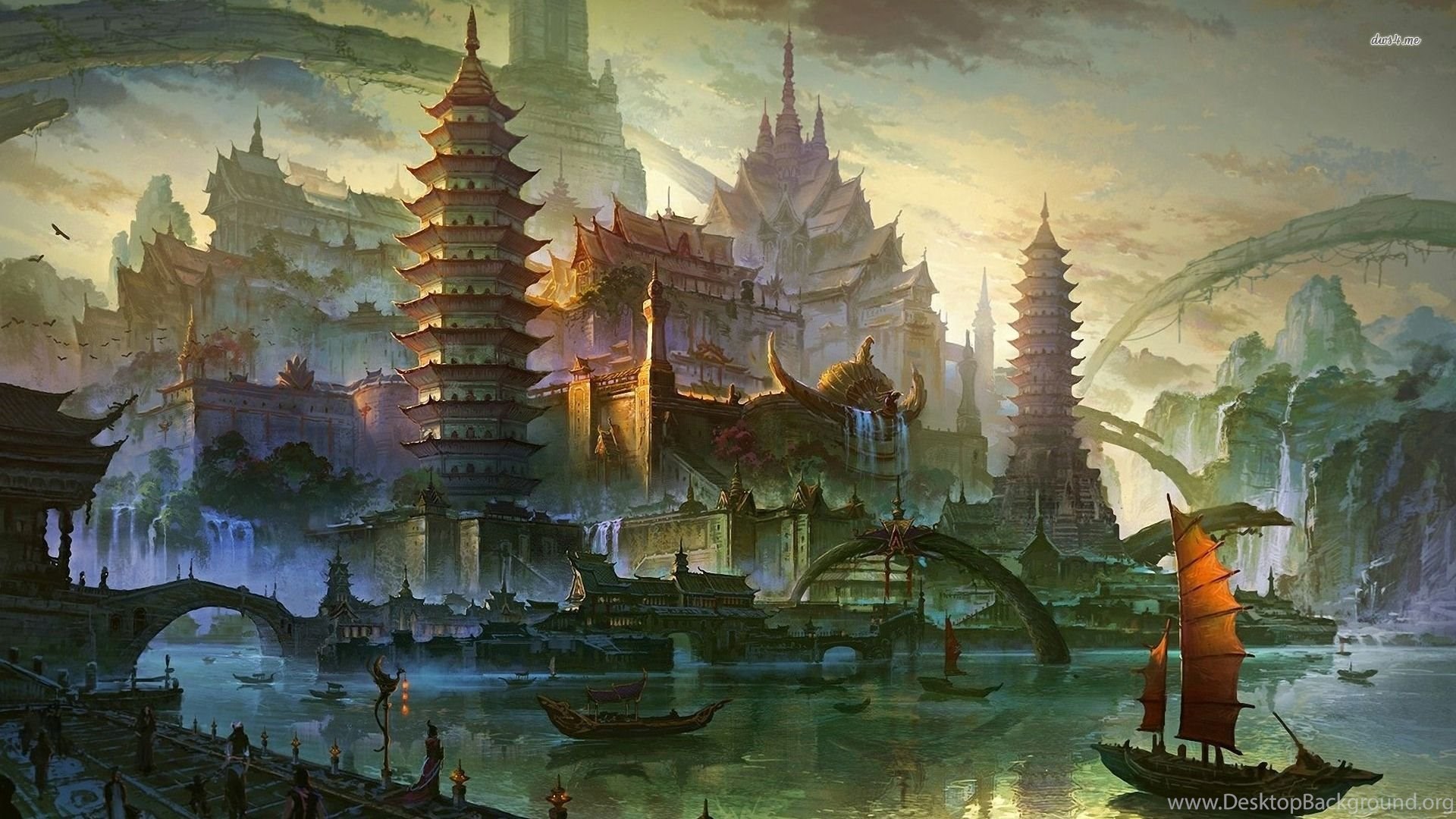 Citta fantasy pagode fiume barche, 1920x1080 Full HD, PC