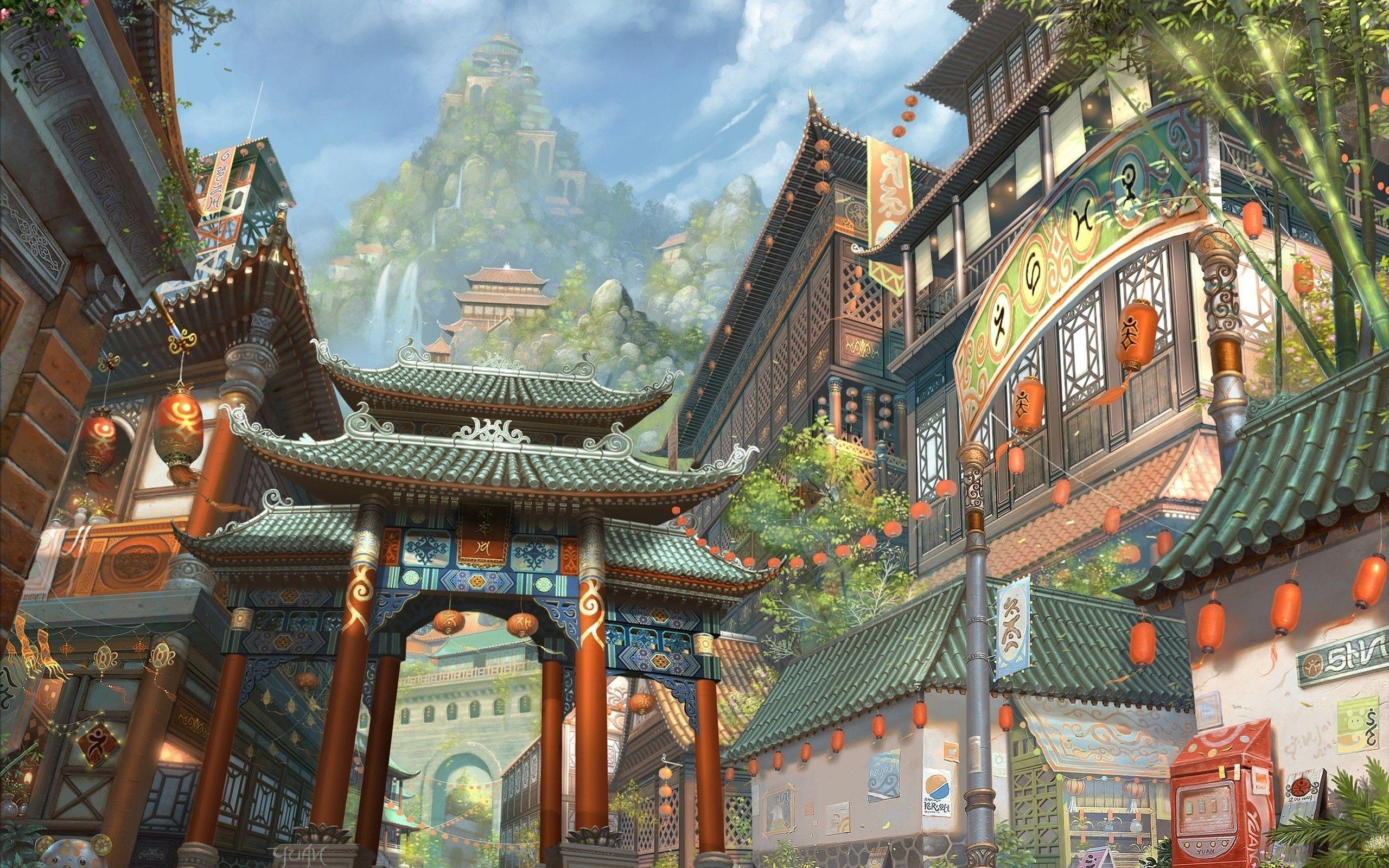 Strada cittadina pagoda lanterne illustrazione, 2560x1600 2K+, Desktop