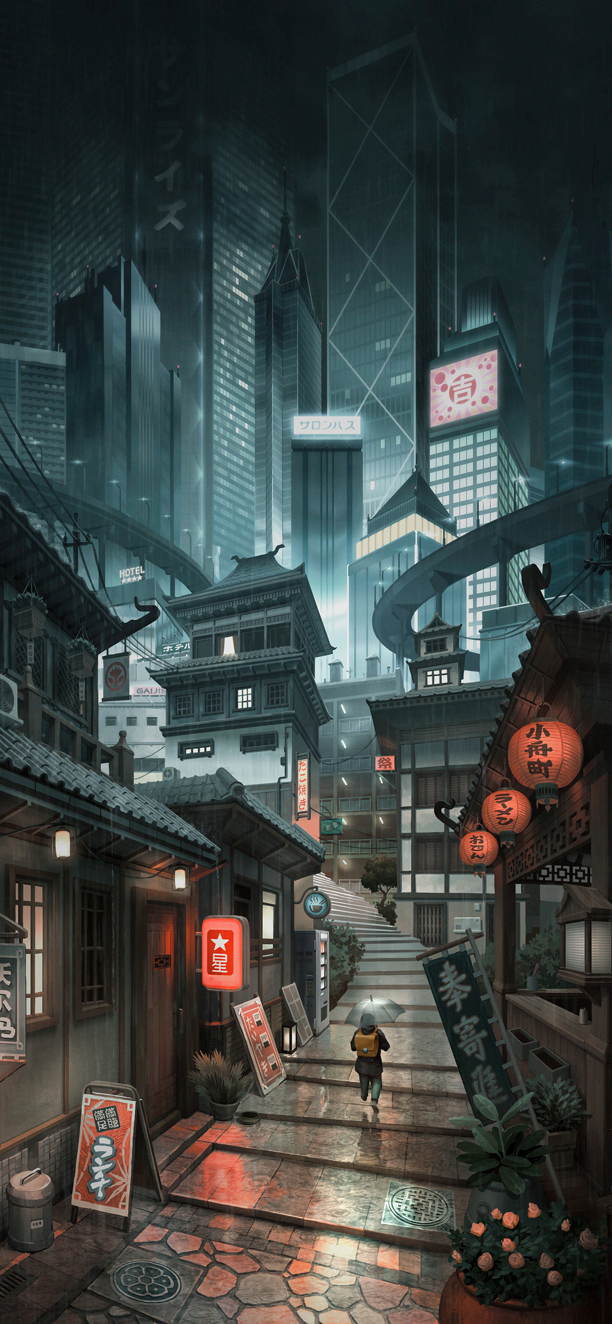 Citta cyberpunk vicolo lanterne notte, 1242x2688 Full HD Verticale, iPhone Pro Max