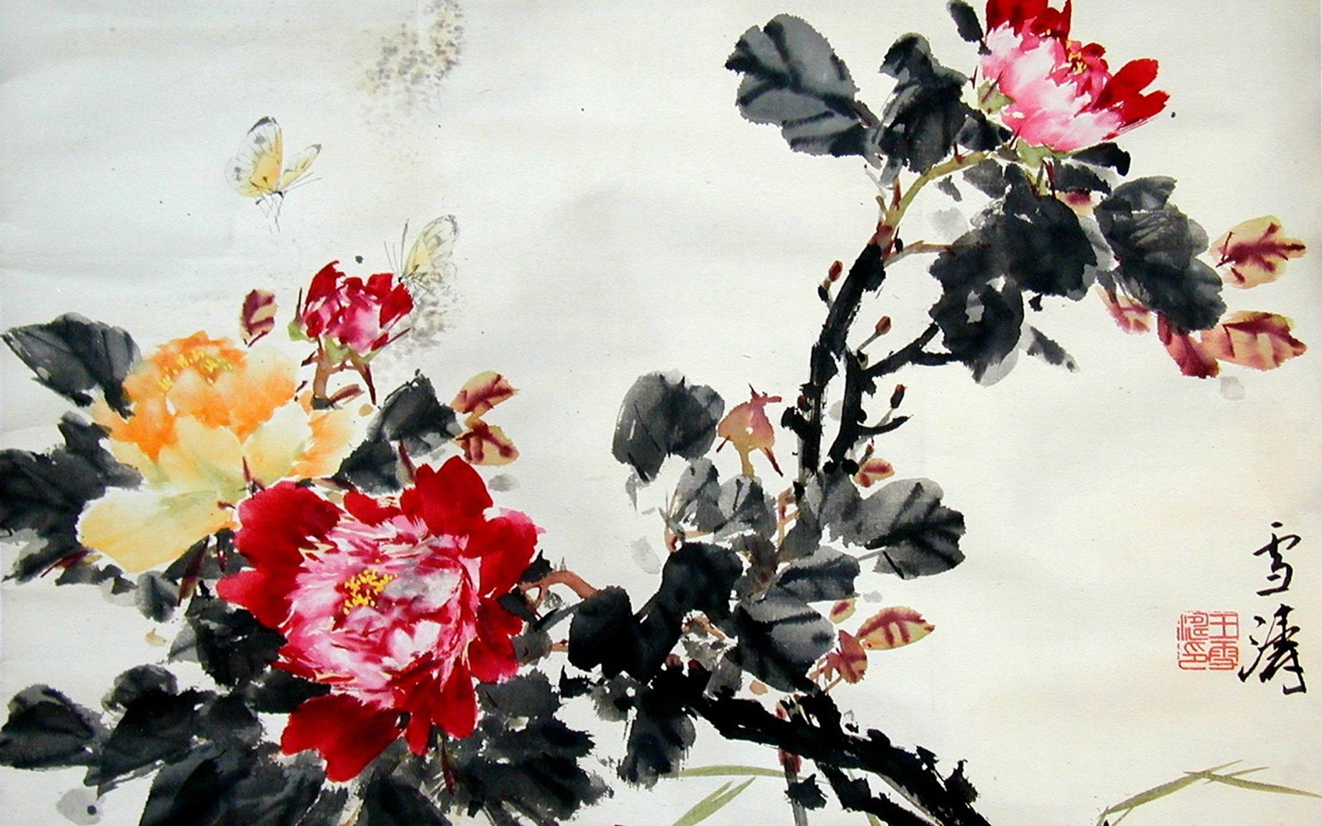 Peonie farfalle pittura tradizionale, 1920x1200 Full HD+ WUXGA, Desktop