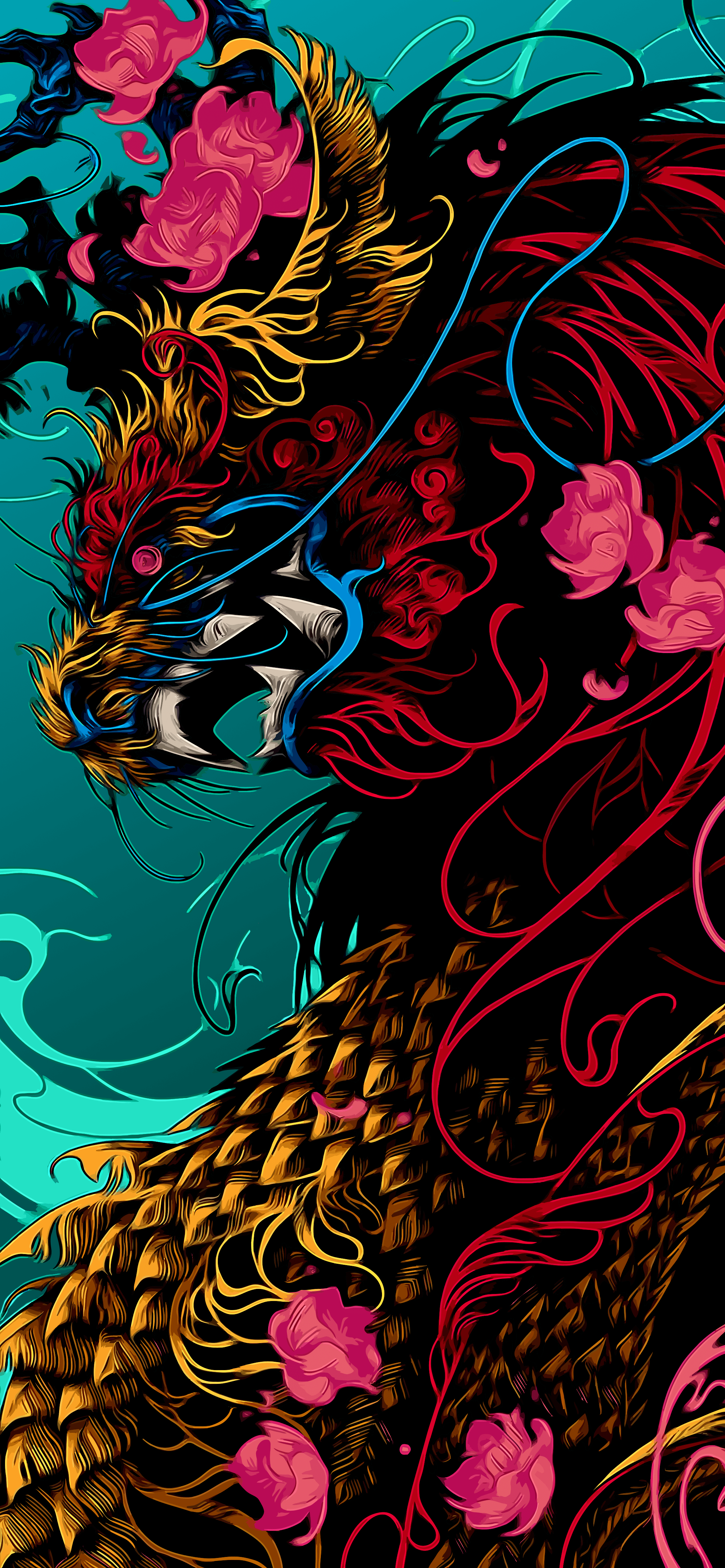 Drago dorato fiori sfondo turchese, 2160x4675 Verticale, Mobile