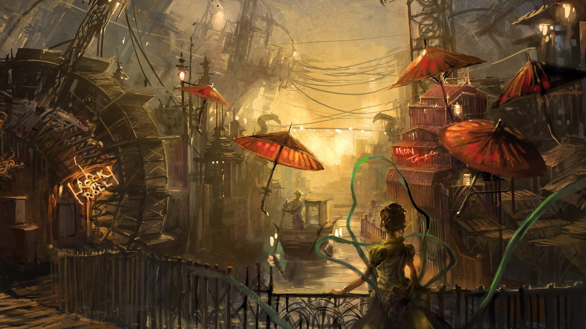 Citta steampunk ombrelli rossi fantasy, 1920x1080 Full HD, PC