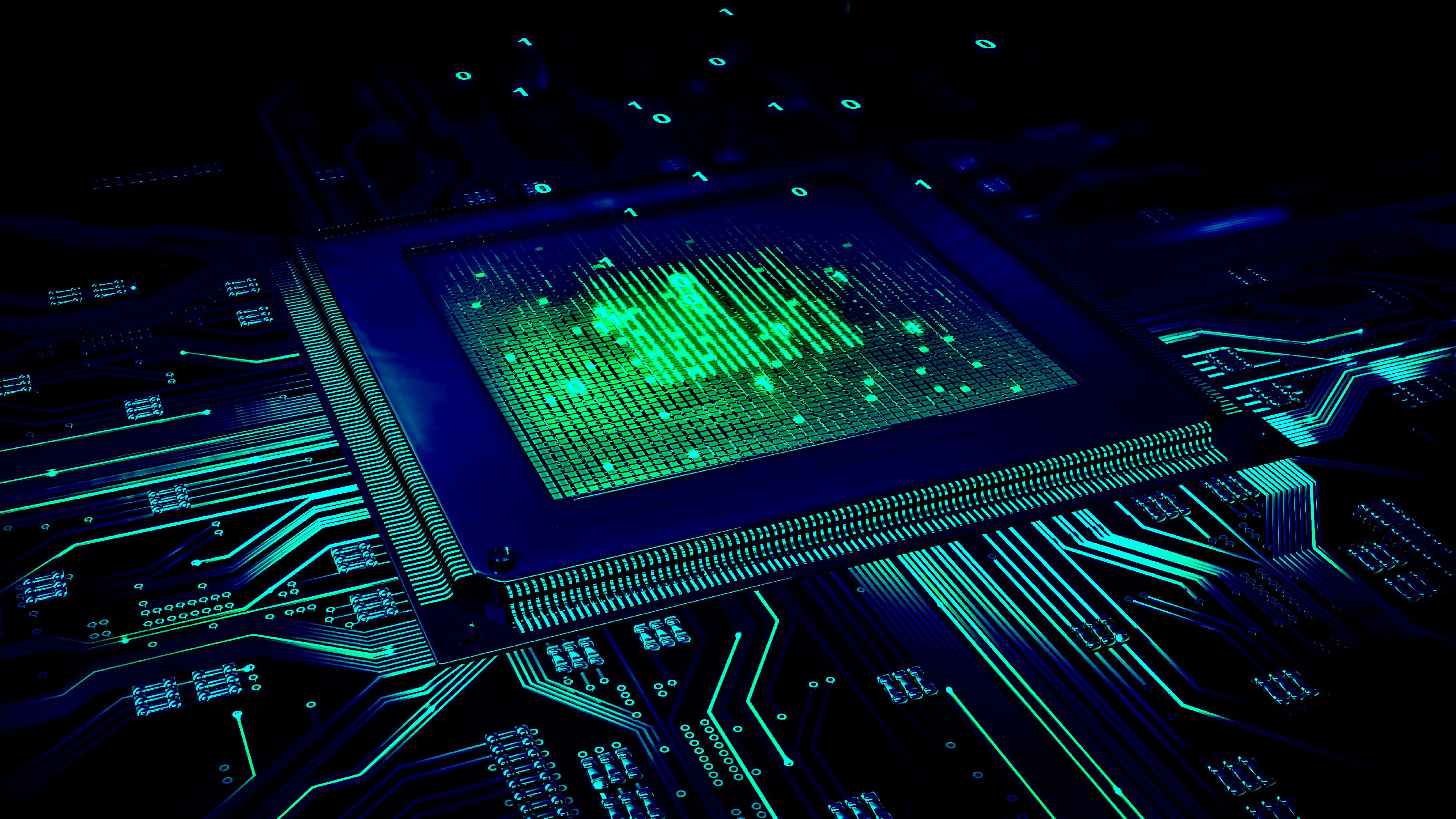 Chip elettronico circuito verde blu, 3982x2240 UHD, Monitor 4K