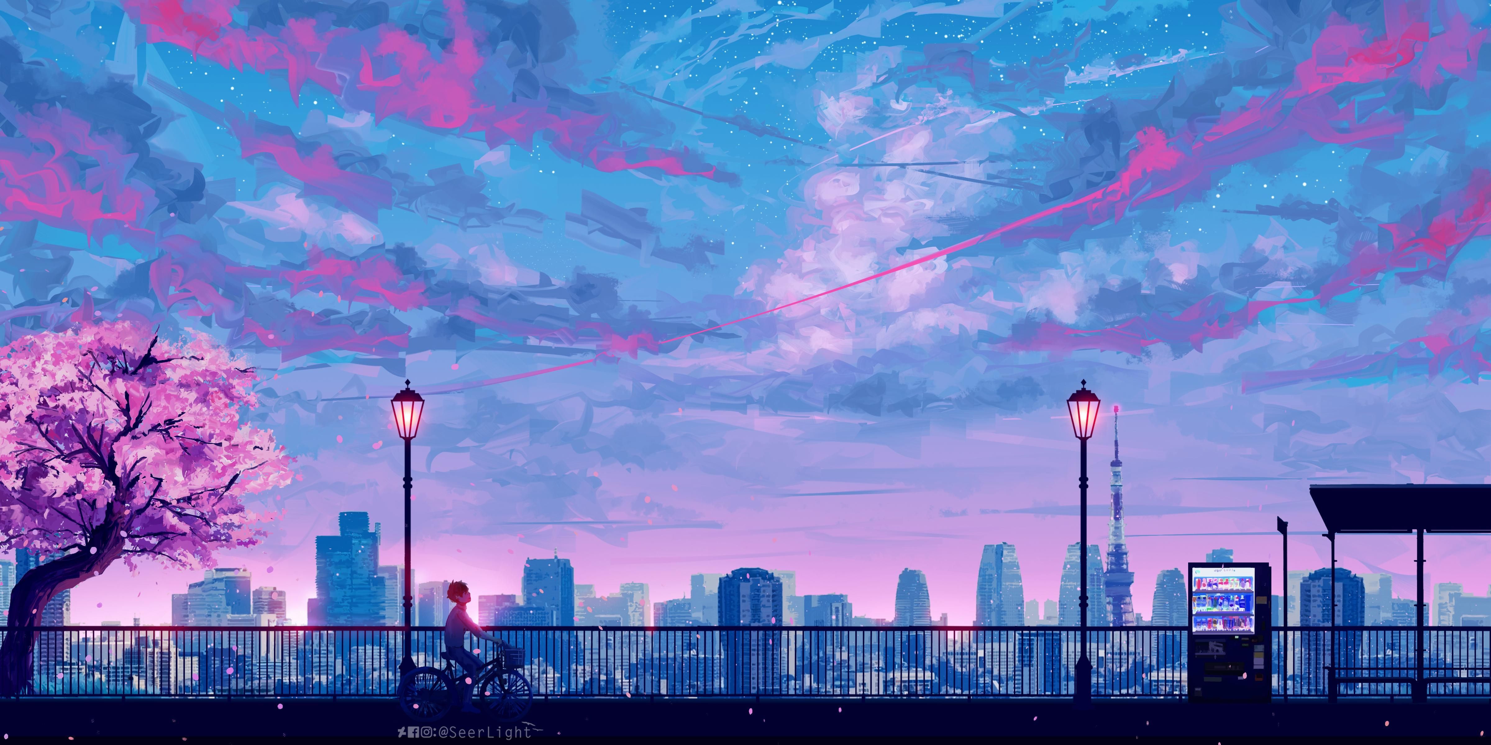 Città pixel art notturna viola, 4800x2400 UHD, Monitor Gaming