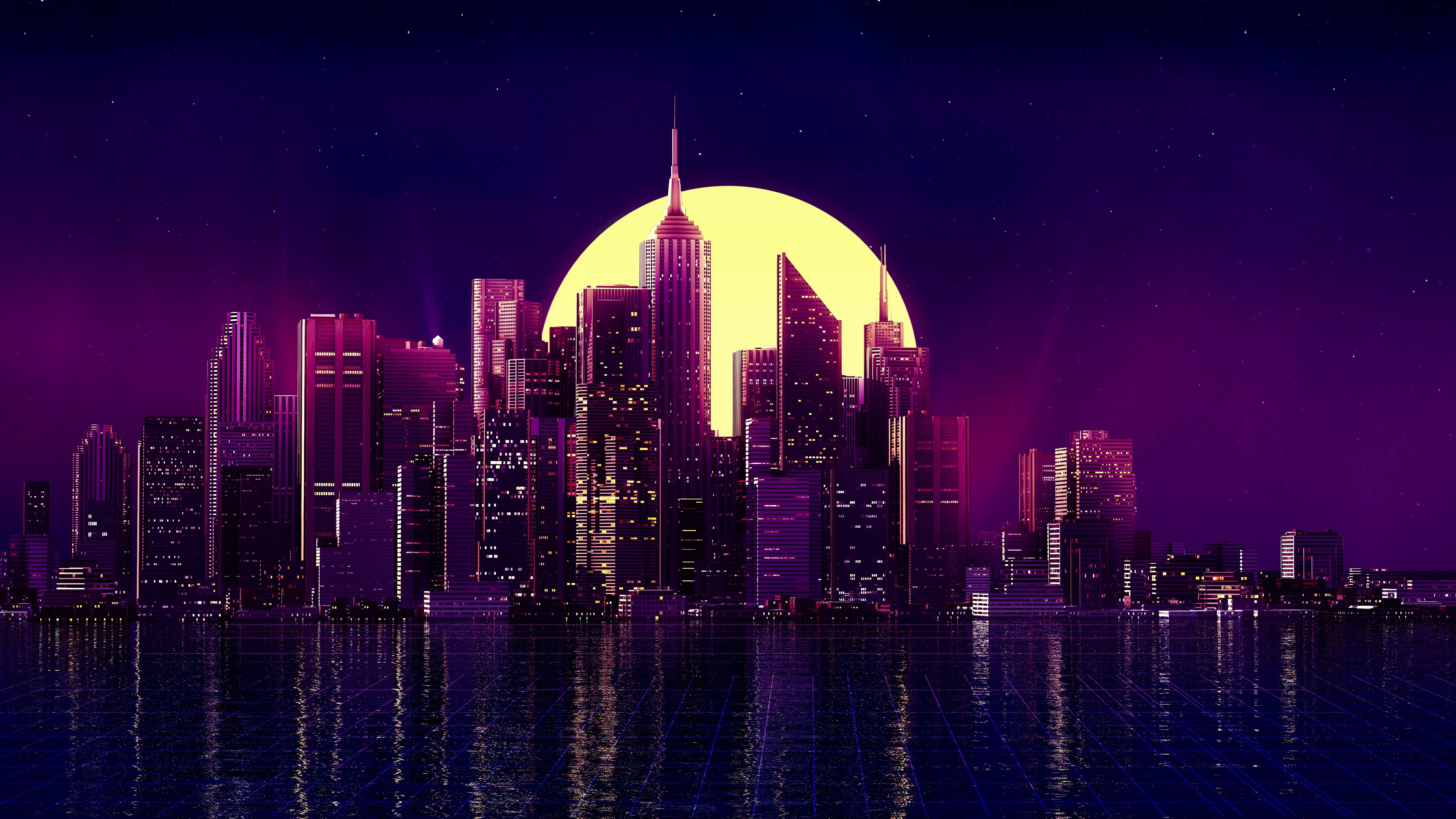 Skyline città viola minimalista notte, 7680x4320 4K, PC Desktop