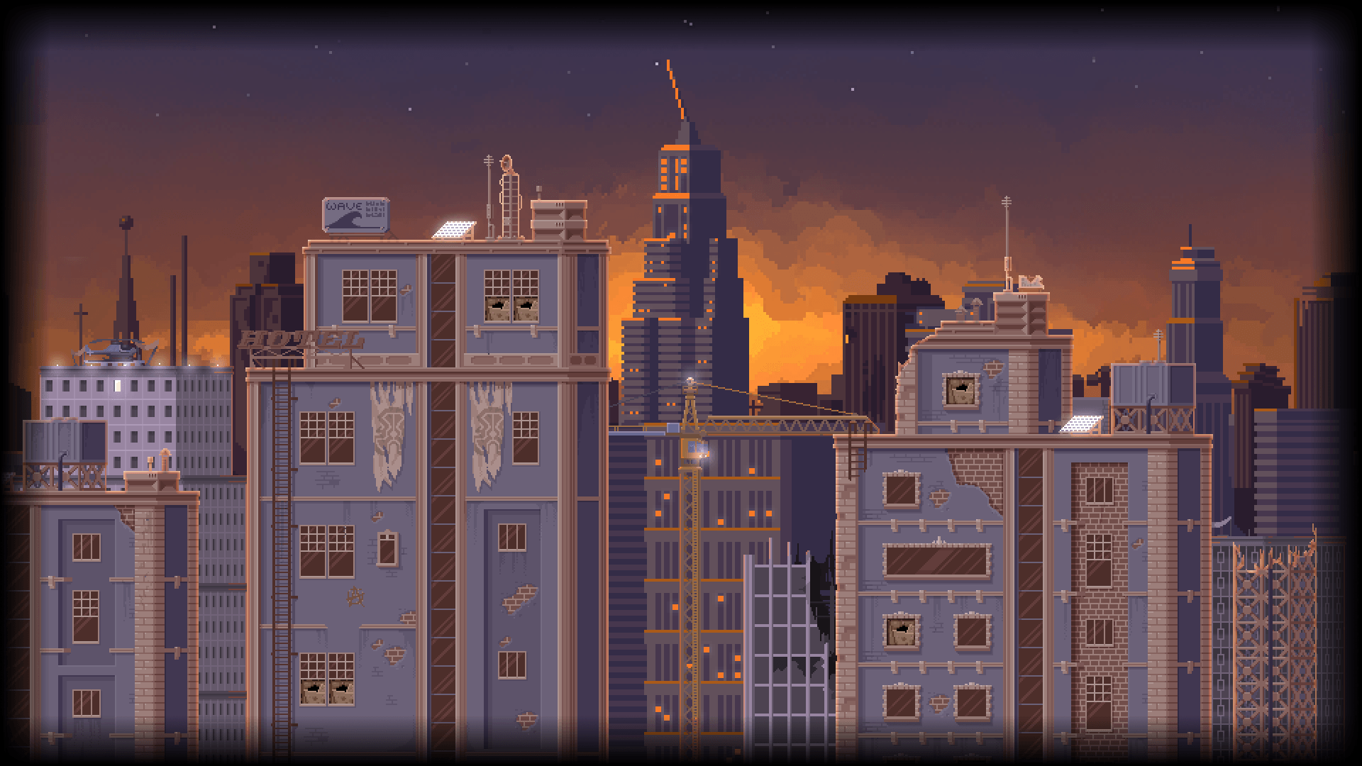 Skyline città pixel art tramonto, 1920x1080 Full HD, Monitor Gaming