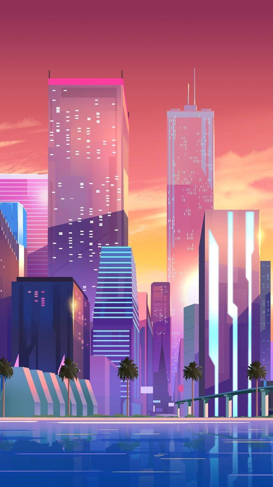 skyline città colorata tramonto, 900x1600 Verticale, Mobile