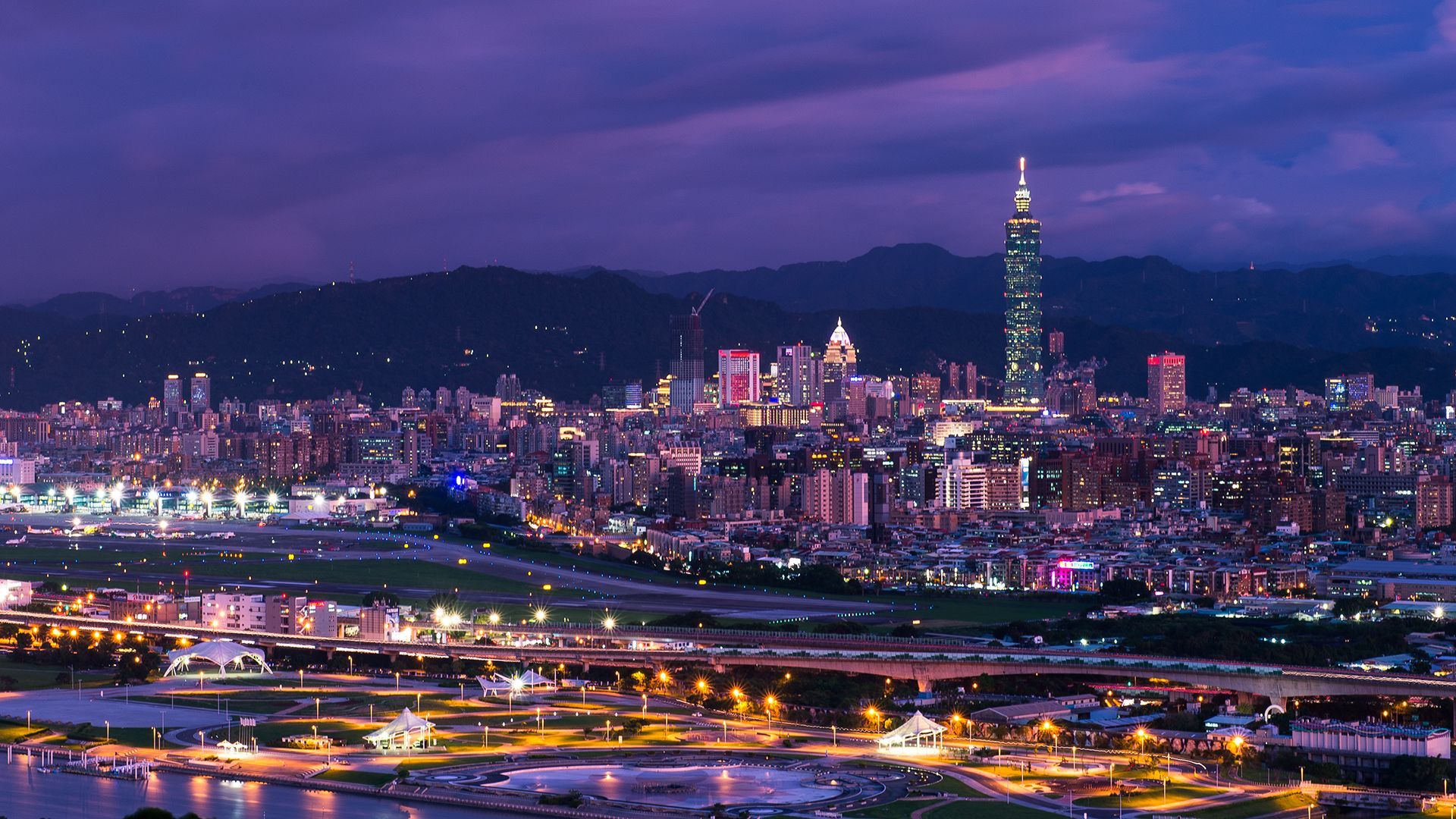 Skyline Taipei notturno viola, 1920x1080 Full HD, PC Desktop